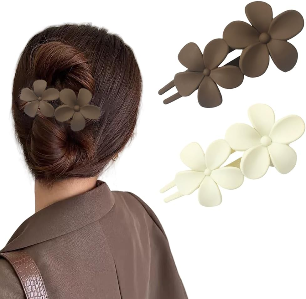 2Pcs Matte Flower Hair Clips Hair Barrettes Accessories for Women Girls Thick Hair (White+Coffee) image number 4