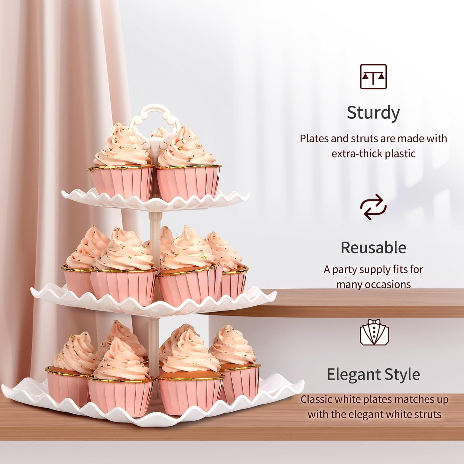 NWK 5 Piece Cake Stand Set with 2Xlarge 3-Tier Cupcake Stands + 3X Appetizer Trays Perfect for Wedding Birthday Baby Shower Tea Party (White) - Black image number 5