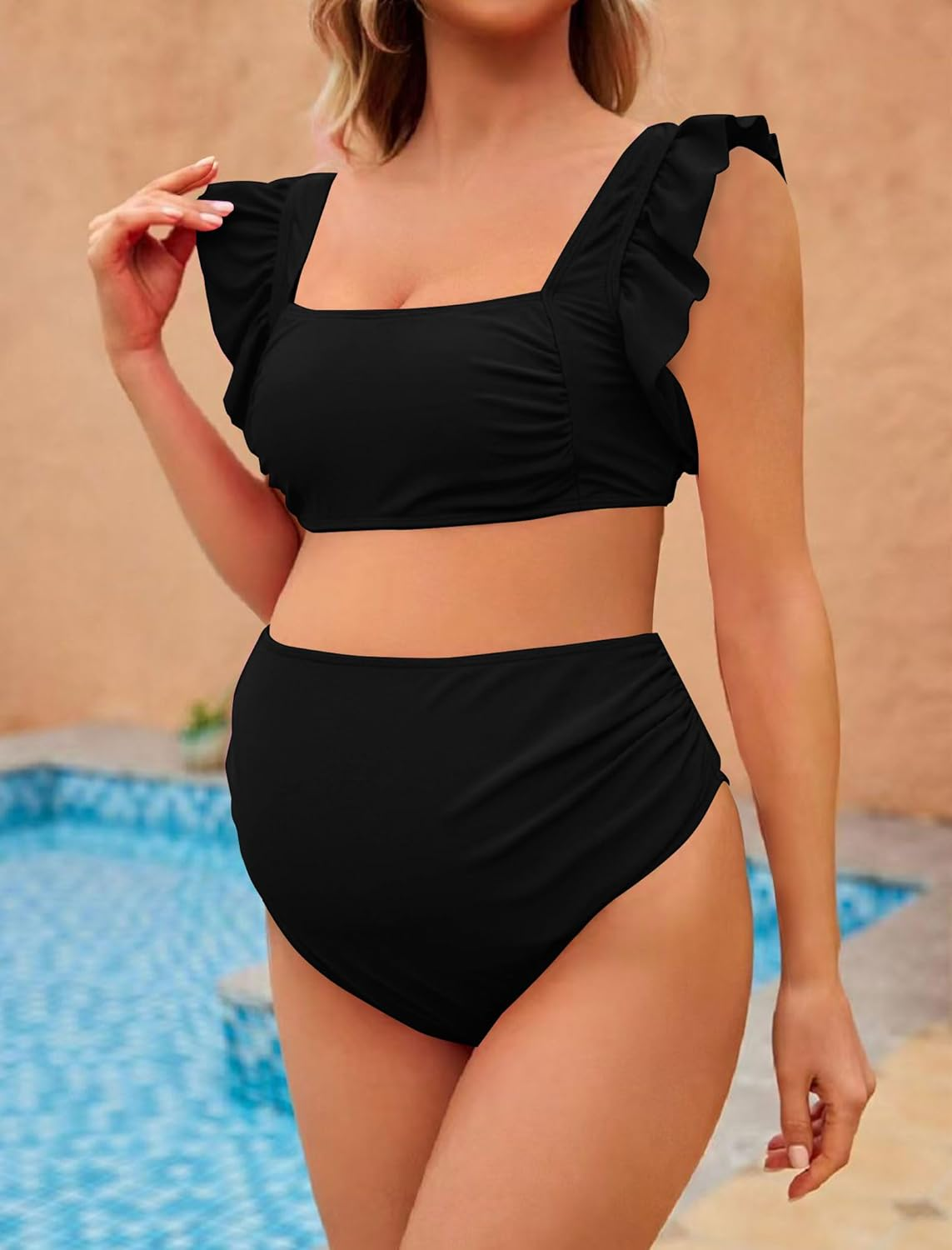 Maternity Swimsuit for Women High Waisted Bikini Set Pregnancy Bathing Suits Two Piece Swimwear image number 2
