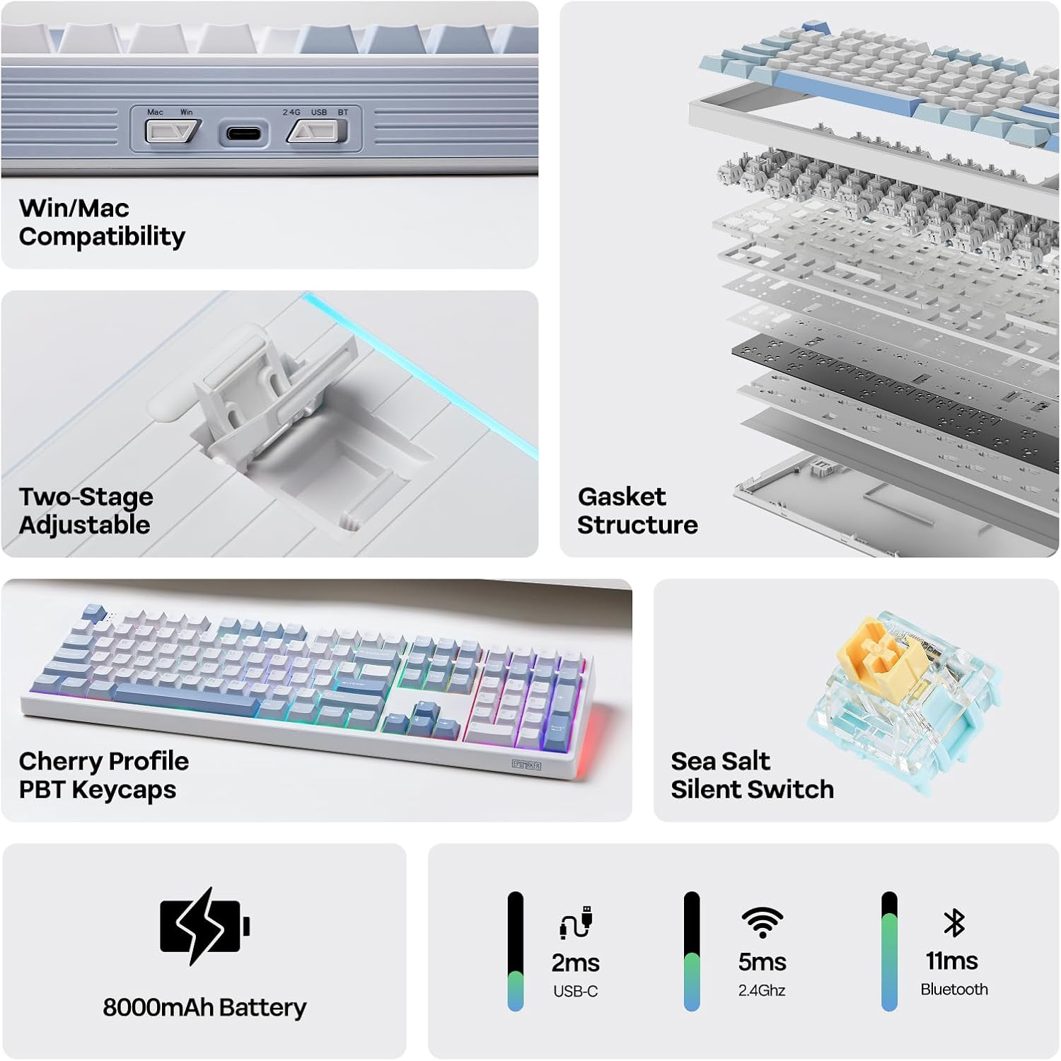 EPOMAKER TH108 Full Size Mechanical Keyboard, Wireless Gaming Keyboard with 8000Mah Battery, Creamy Gasket, 108 Keys, Hot Swap, Custom Driver, RGB Backlight (Blue&White, Sea Salt Silent)
