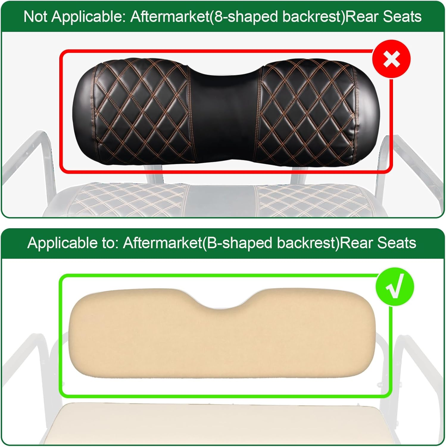 NOKINS Golf Cart Diamond Vinyl Seat Covers, Fit Club Car Precedent DS EZGO RXV TXT Yamaha Drive Aftermarket Regular Rear Seat Cushion, No Stapler, Multiple Colors and Breathable (Black&Brown Stitch)