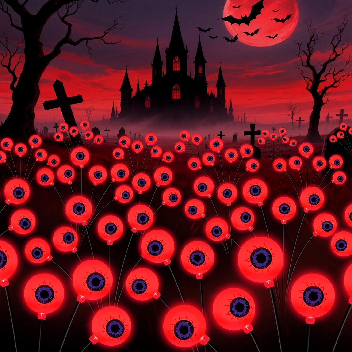 2-Pack Solar Halloween Eyeball Lights - 16 LED Green Outdoor Pathway Lights with 2 Modes, Swaying Firefly Effect, Waterproof Decor for Garden, Yard & Lawn (RED)