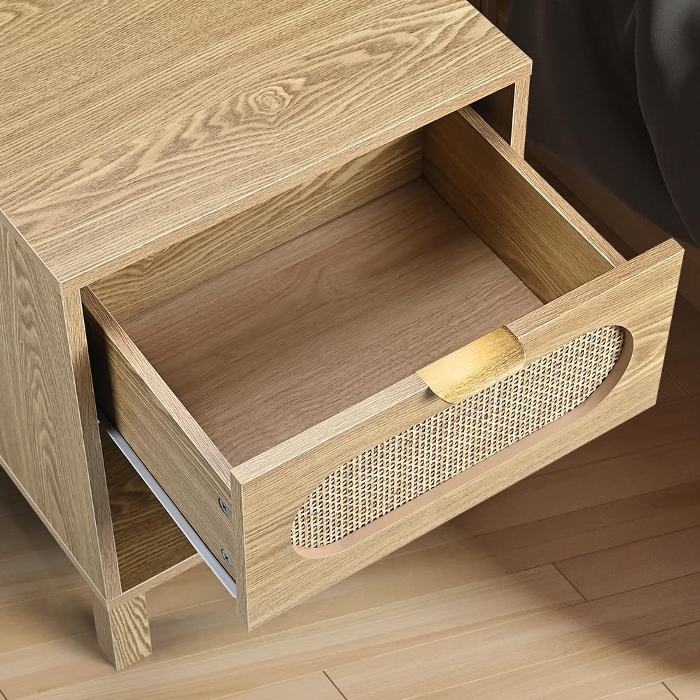 Furb Bedside Table with Storage Drawer Rattan Side End Table Small Narrow Nightstand for Living Room Bedroom Furniture, 43X38X52Cm image number 1