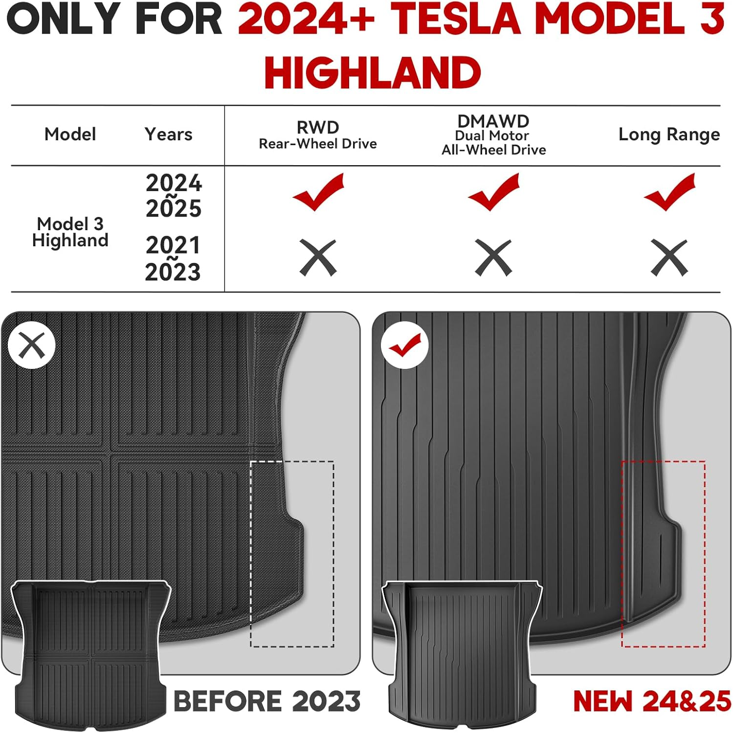MCEVKELN 2024-2025 Tesla Model 3 Highland Floor Mats- Custom Fit All Weather TPE Cargo Liner Cargo Trunk Accessories,Compatible(Model 3 Full Floor Mat Kit Set of 6) image number 2