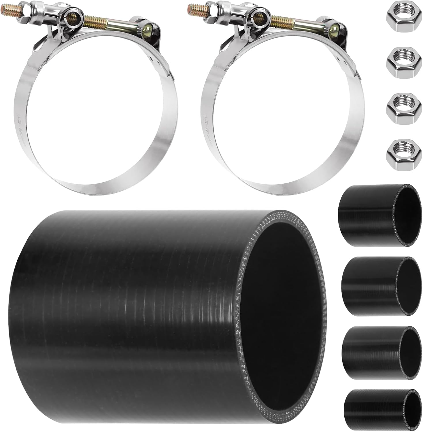 Glarks 7Pcs Straight Coupler Silicone Hose Set Includes 1Pcs ID 2.5In 4-Ply High Performance Coupler Silicone Hose 2Pcs 2.8-3.1In T-Bolt Clamp 4Pcs M6 Hex Nut image number 5