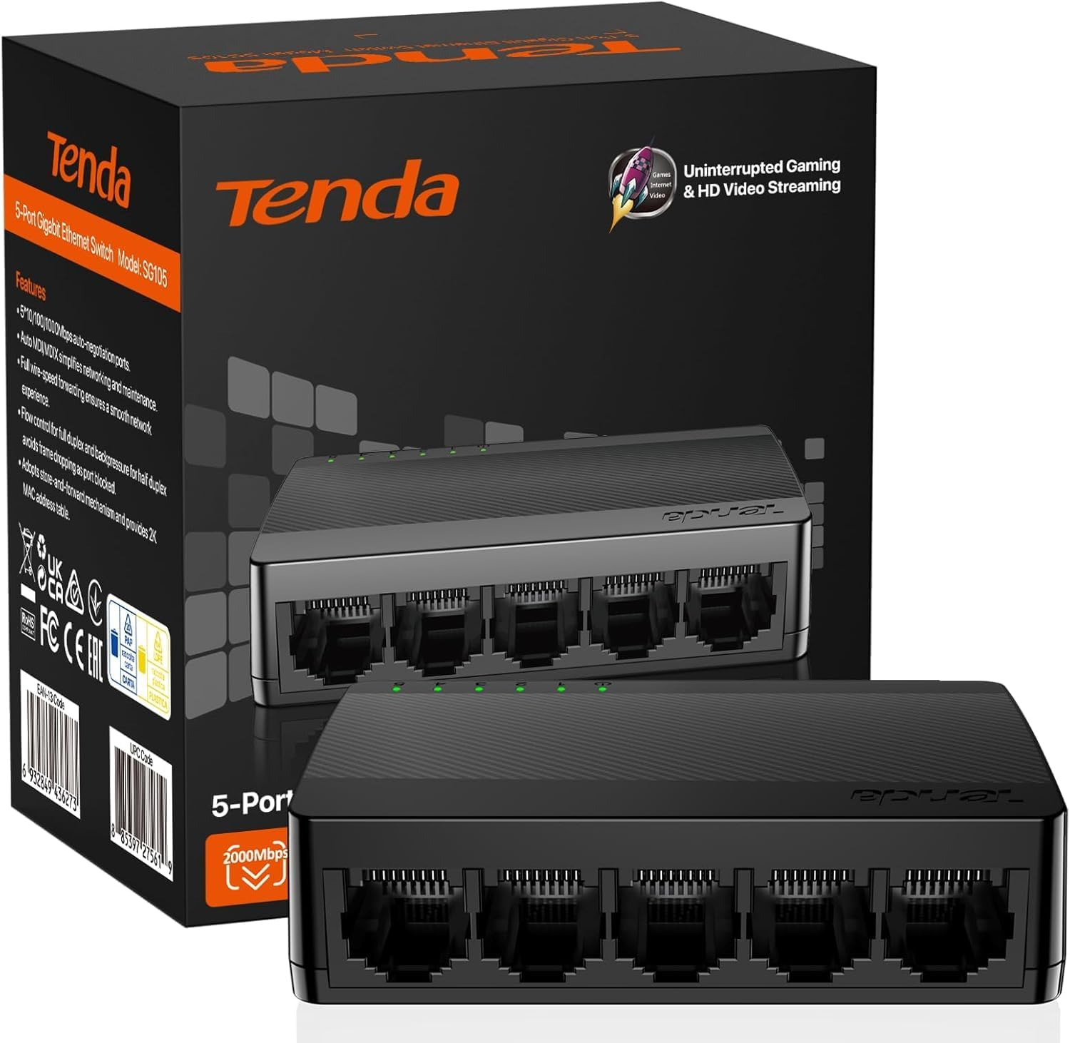 Tenda 5 Port Gigabit Ethernet Switch, Desktop Ethernet Splitter, Unmanaged Network Switch Hub, Plug & Play, Wall-Mount, Fanless Quiet, for Ethernet Cable, Router, PC, NAS (SG105M)
