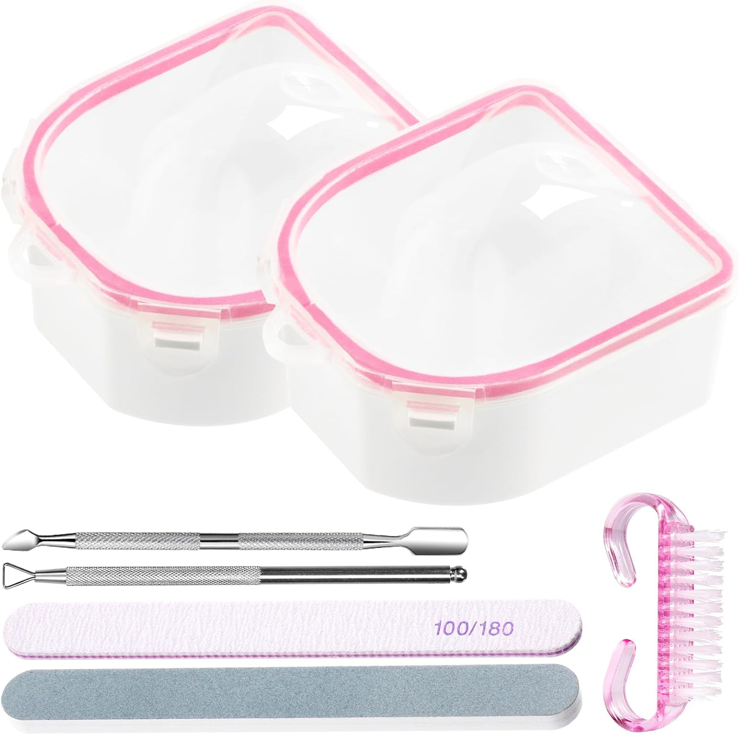 Rustark 7Pcs Gel Nail Remover Tools Kit Includes Pink Nail Soaking Bowl, Cuticle Pusher, Scraper, Nail Files, Buffer Block, Nail Dust Brush, Soak off Gel Nail Bowl Polish Dip Powder Remover Kit