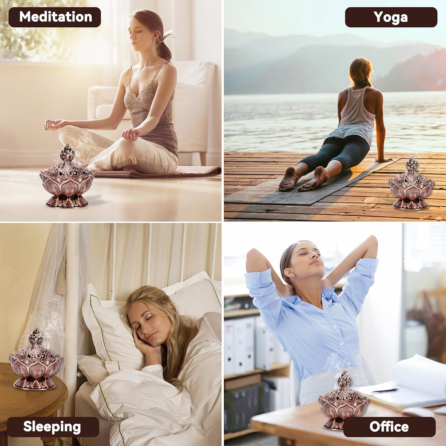 Vintage Backflow Incense Burner Bowl, Lotus Incense Holder Charcoal Censer Ash Catcher for Powder Cone or Coil Incense(Red Bronze)