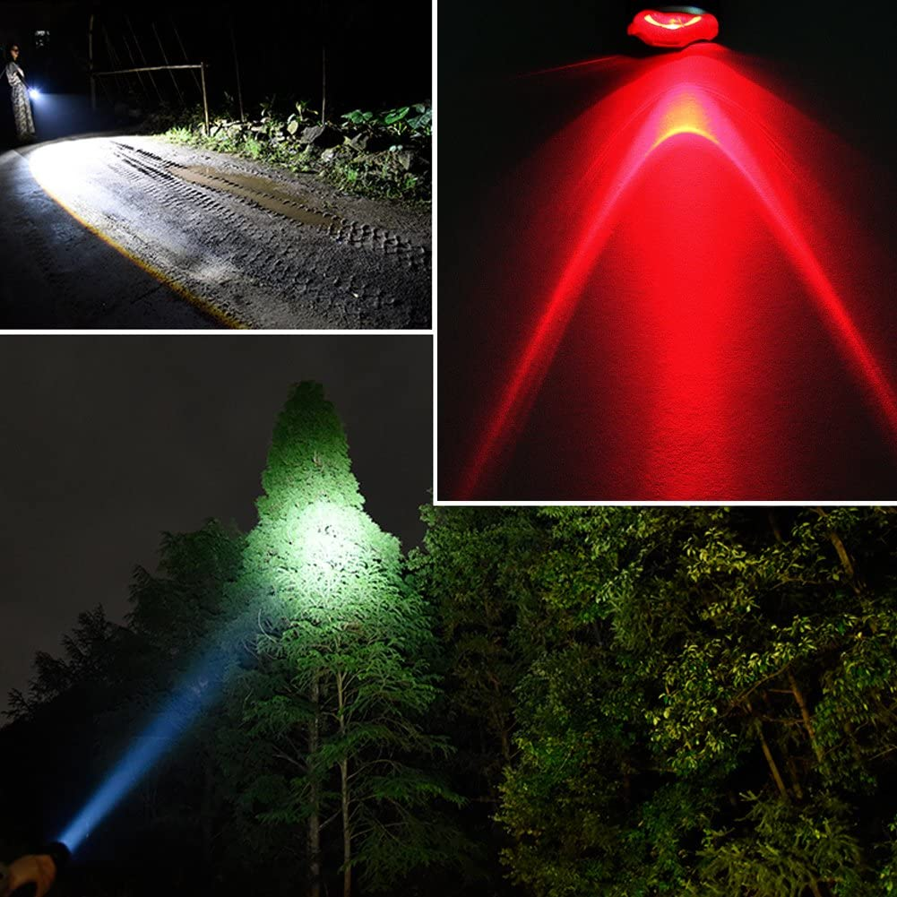 Red Green White Flashlight, 1000 Lumens Powerful LED Waterproof Adjustable Focus Tactical Torch for Fishing, Hiking, Camping, Caving, Outdoor Activities image number 3