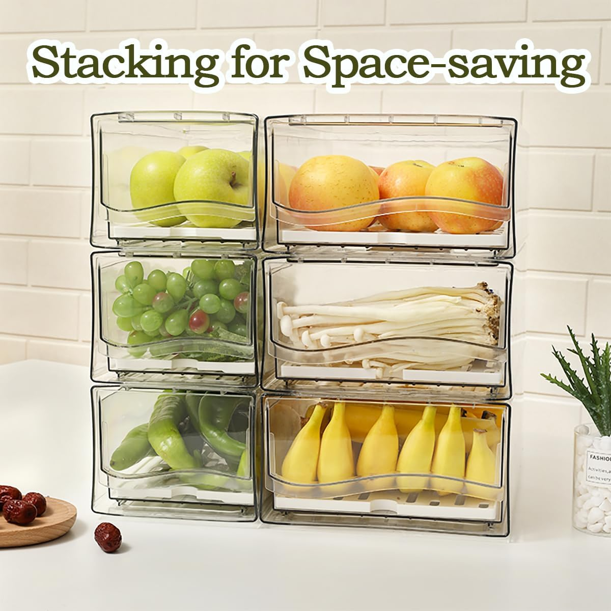 Anshine 2 Pack Clear Fridge Organizer,Pull Out Stackable Fridge Organiser with Lids、Draining Tray and Drawer, Storage Containers with Ventilation System for Kitchen Organization (2 Pack Large Size)