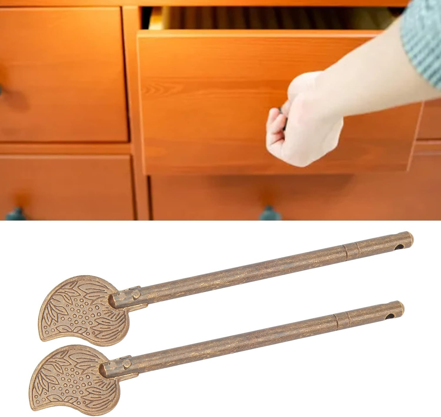 Door Latch Locking Pin, 2 Pcs Brass 11Cm Leaf Shape Retro Style Cabinet Key Latch, Vintage Style Chinese Latch Bolt for Antique Lock, Handle, Box Buckle, High Hardness image number 6