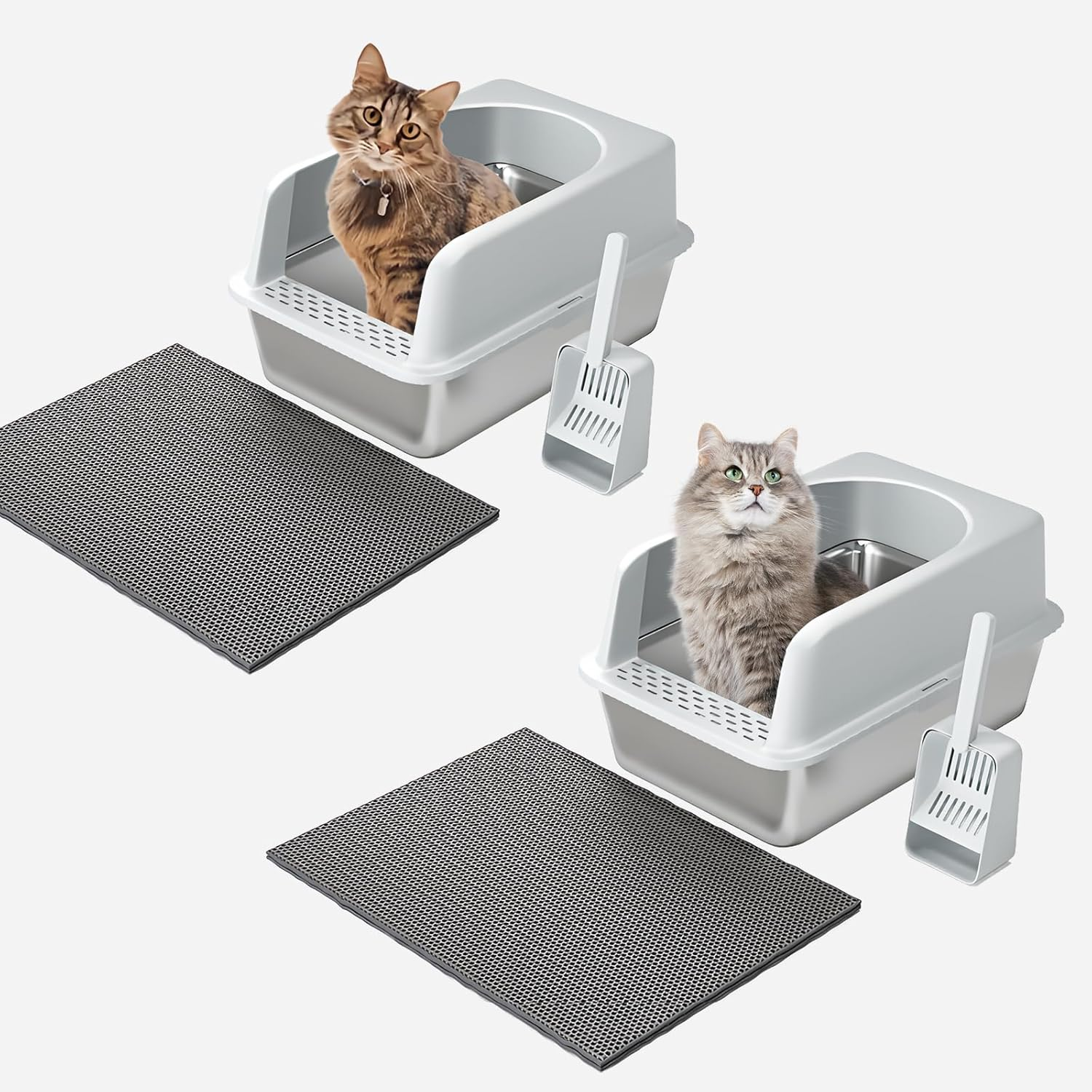 SIMTWO 2 Pack Stainless Steel Cat Litter Box with Lid XXL 61Cm X 41Cm X 30Cm, Extra Large Cat Litter Box for Big Kitty Semi-Enclosed with Cat Litter Mat & Scoop image number 1