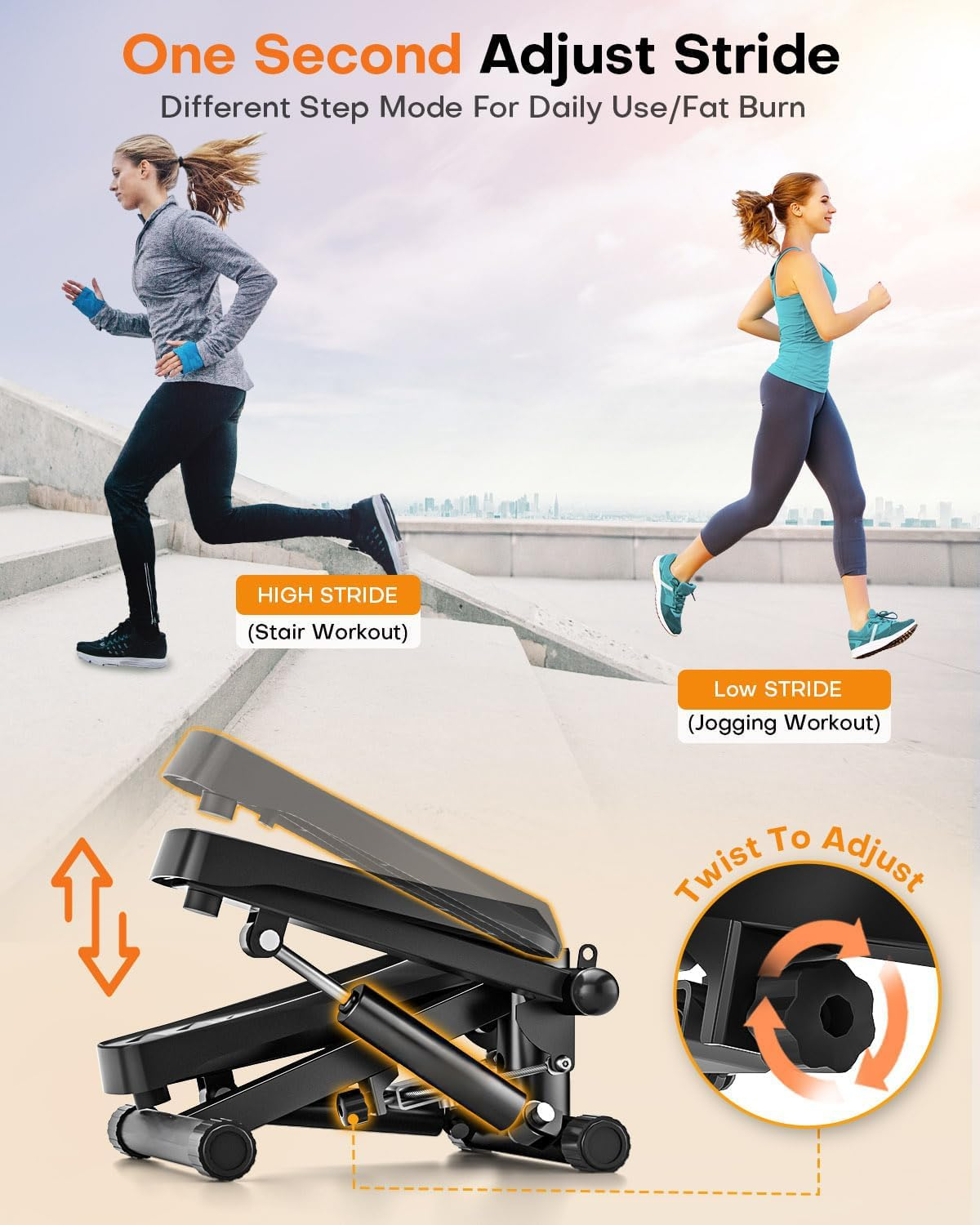 TOPPETI Mini Stair Steppers for Exercise, Adjustable Pedal Height Stair Portable Steppers for Home Fitness, with LED Monitor, Resistance Bands, Noiseless, 120KG Loading Capacity, Black(With Mat) image number 1