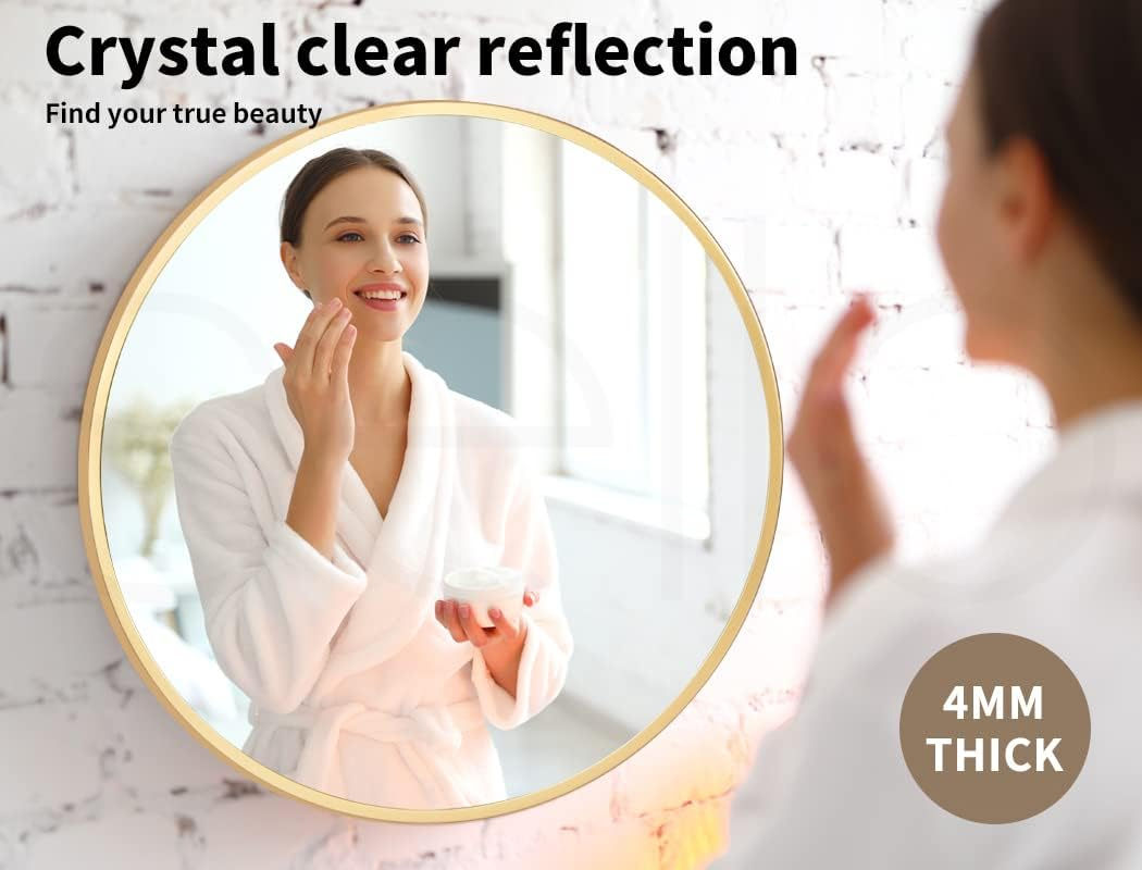 Yezi Home round Wall Mirror Vanity Bedroom Hanging Decor for Bathroom Makeup Shower Room Gold Metal Framed 50CM Dia image number 4