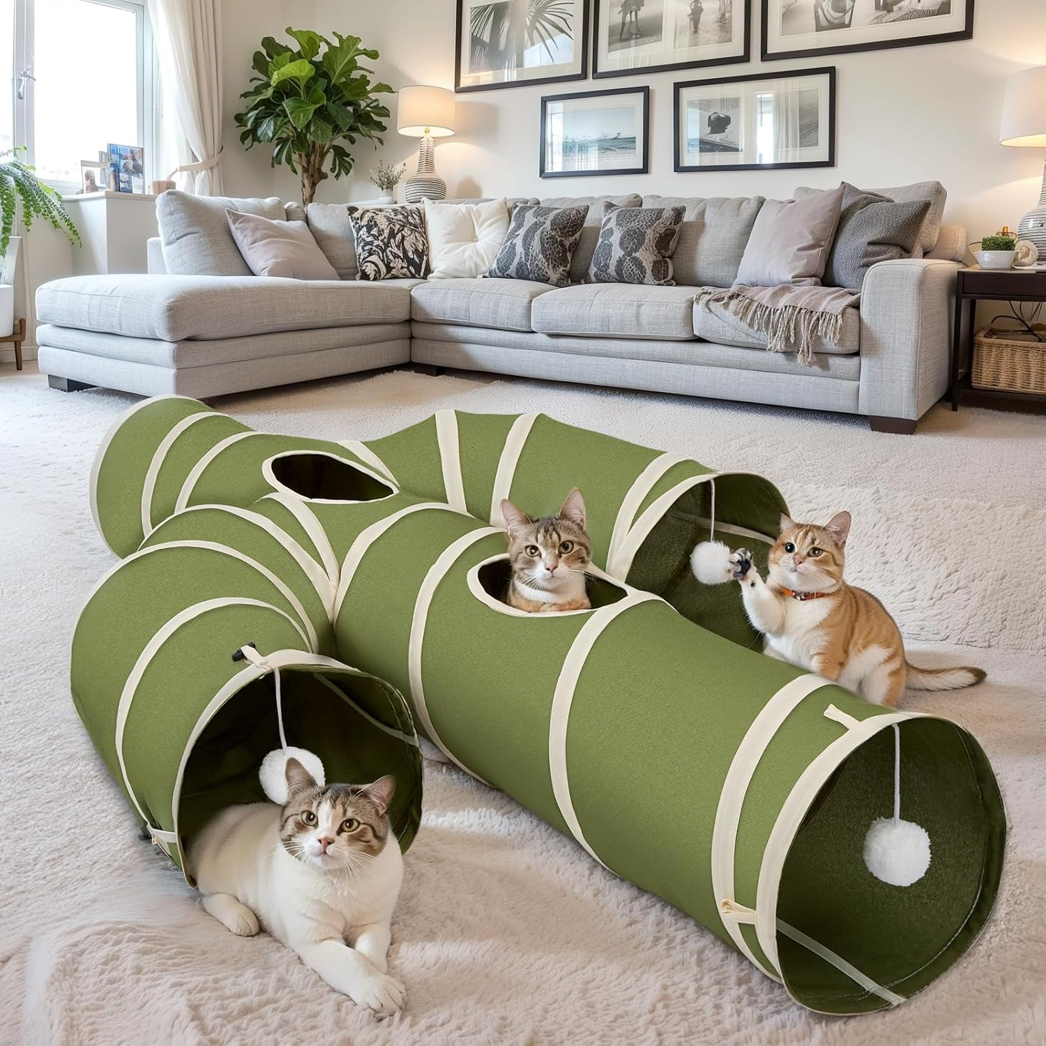 Ownpets Cat Tunnel Large 30Cm Diameter, Cactus-Shaped Cat Tunnel Toy, Sturdy Oxford Fabric Collapsible Cat Tunnels for Indoor Cats, Interactive Peek Hole Pet Tunnel Tube with Cat Wand Toy, Green image number 4