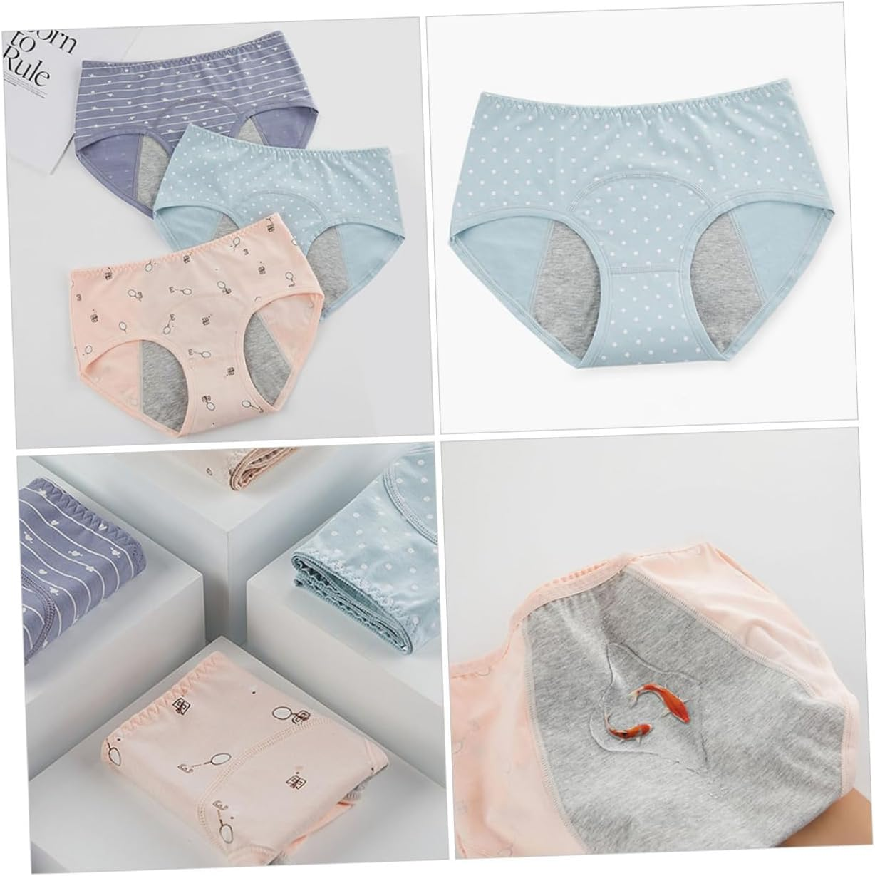 SHERCHPRY 3Pcs Heavy Overnight Period Underwear Women Mid-Waist Sanitary Pants Leak and Absorbent Shrimp Lake Blue Gray Blue image number 4
