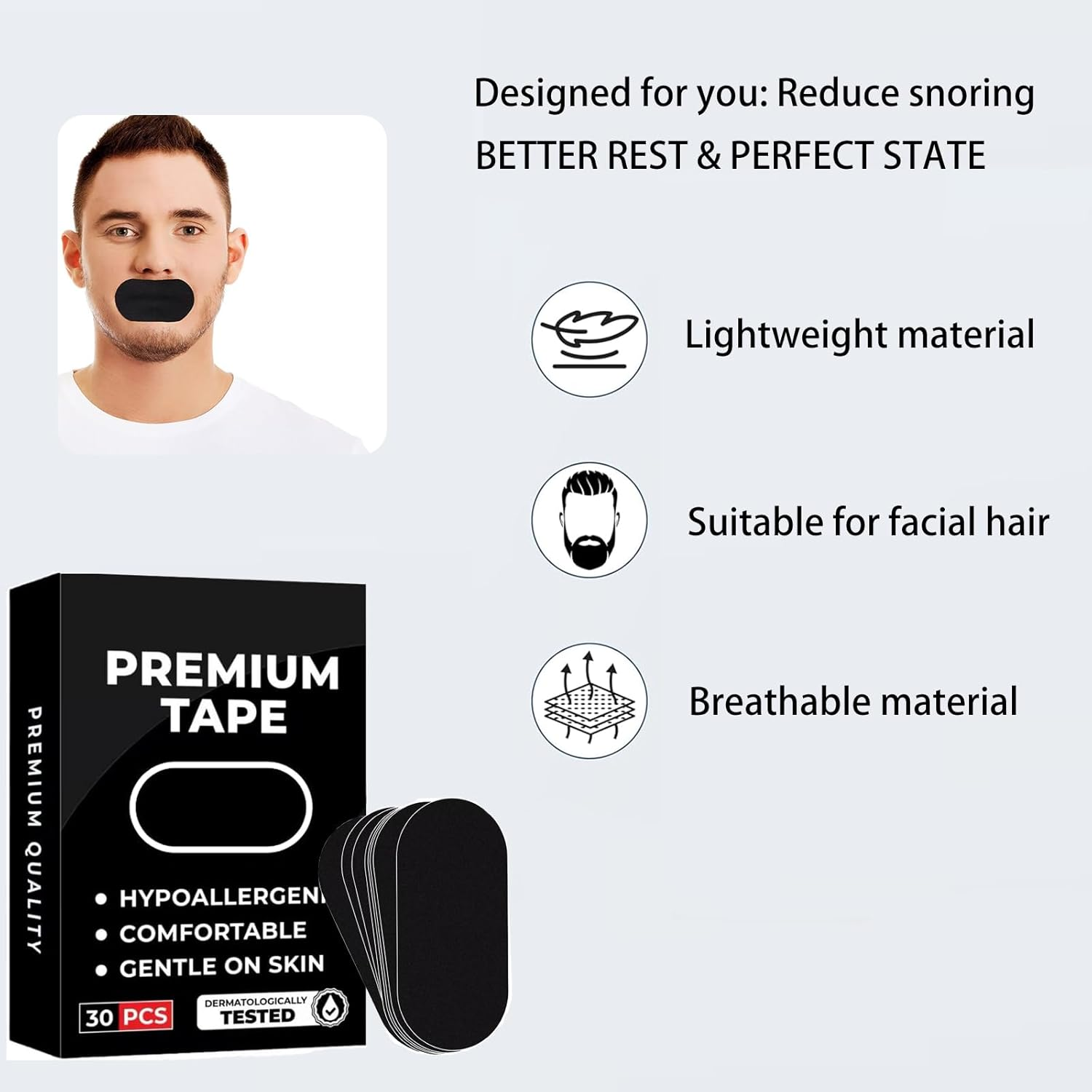 Mouth Tape for Sleeping, 30 Pieces, Snoring Aids for Men Women, Helps Stop Snoring and Develops Nasal Breathing Habits, Mouth Strips for Sleeping, Reduce Snoring, Improve Sleep Quality image number 1