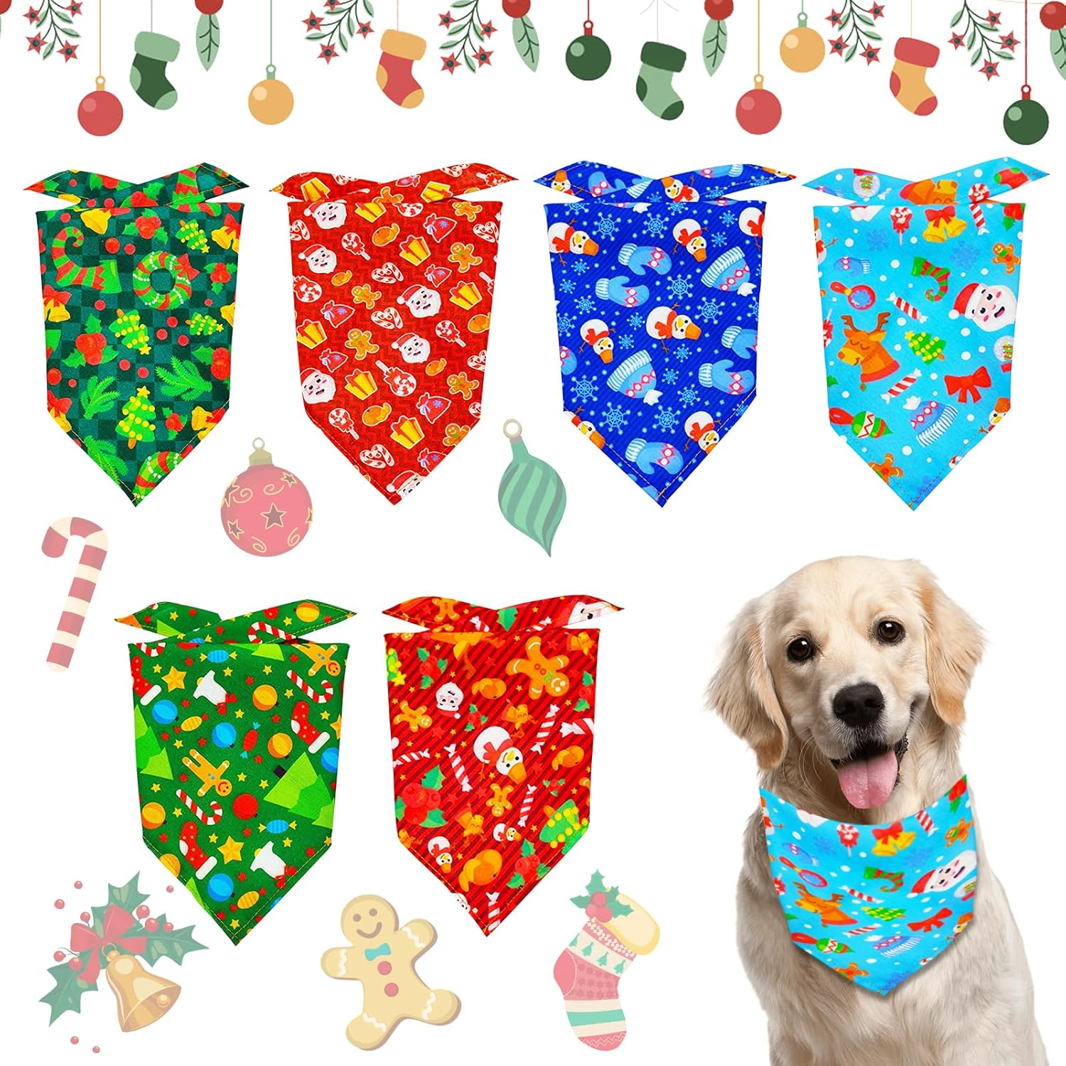 Pack of 6 Christmas Dog Bandanas Santa Claus Dog Bibs Adjustable Triangle Washable Dog Cat Scarf Bow Dog Collar Kerchief Scarf for Small Medium Dogs Cats (L)