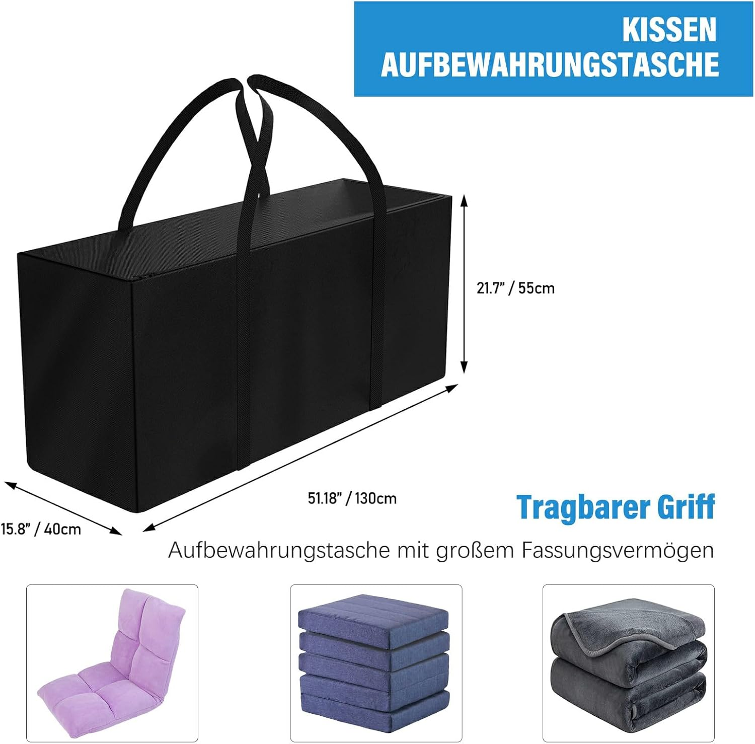 Heavy Duty XXL Garden Cushions, Waterproof Padded Cushion Bag - 600D Oxford, Transport & Storage - 130 X 40 X 55 Cm image number 3