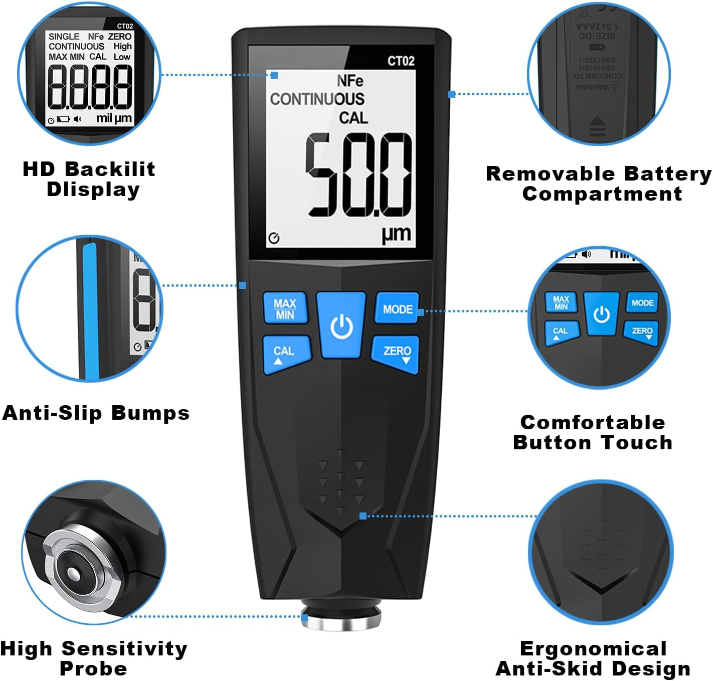 Car Paint Thickness Gauge, Automotive Coating Thickness Gauge Tester, Paint Mil Thickness Meter with Backlit LCD, Auto Digital Calibration, Data Hold, MAX/MIN, Fe/Nfe Automatic Detection, 0~1500Um image number 1