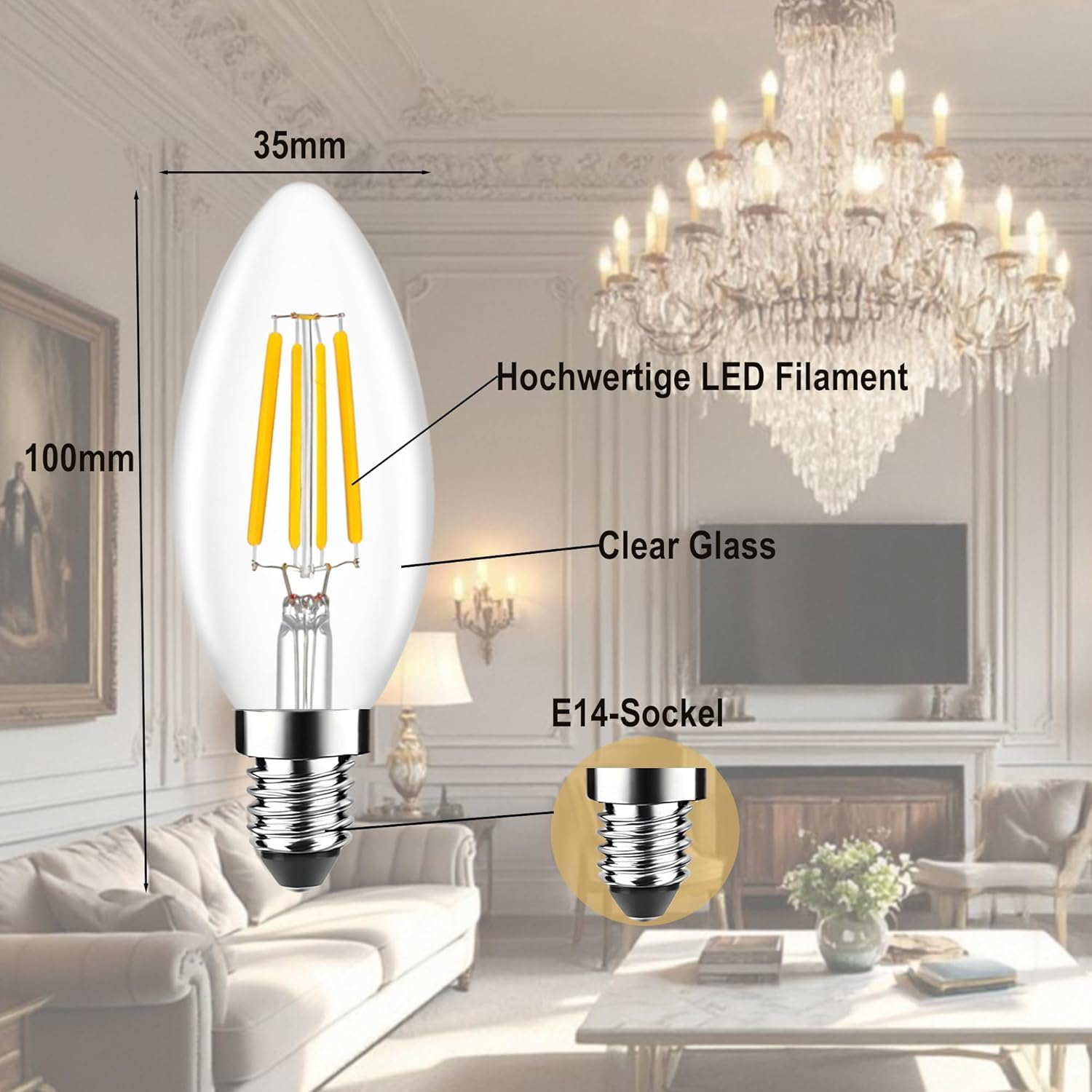 Ziefgn Pack of 4 Classic LED Bulbs E14 40 W Equivalent to 40 W Forme Bougie Blanc Caldo Lighting 2700K, AC 220-240V image number 1