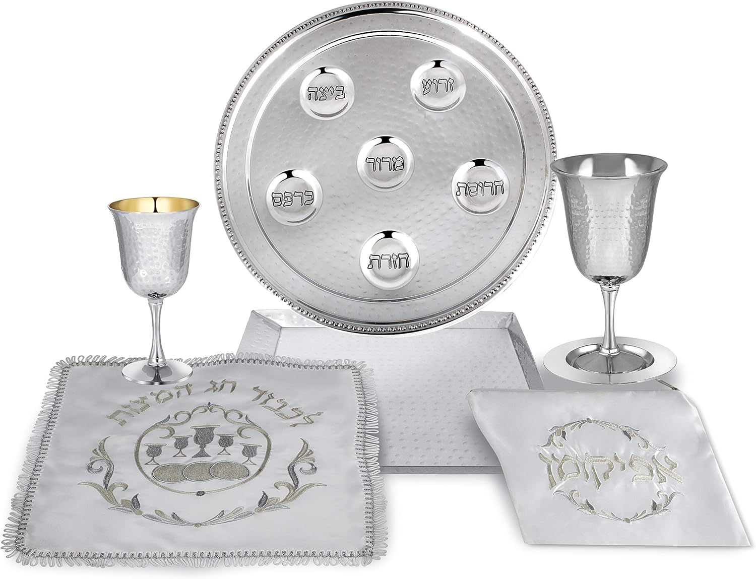 Passover Seder Complete Set Hammered Vienna Collection - Includes Seder Plate, Matzah Tray, Elijah Cup with Saucer, Kiddush Cup, Square Matzo Cover & Afikoman Bag Passover Decorations by Zion Judaica