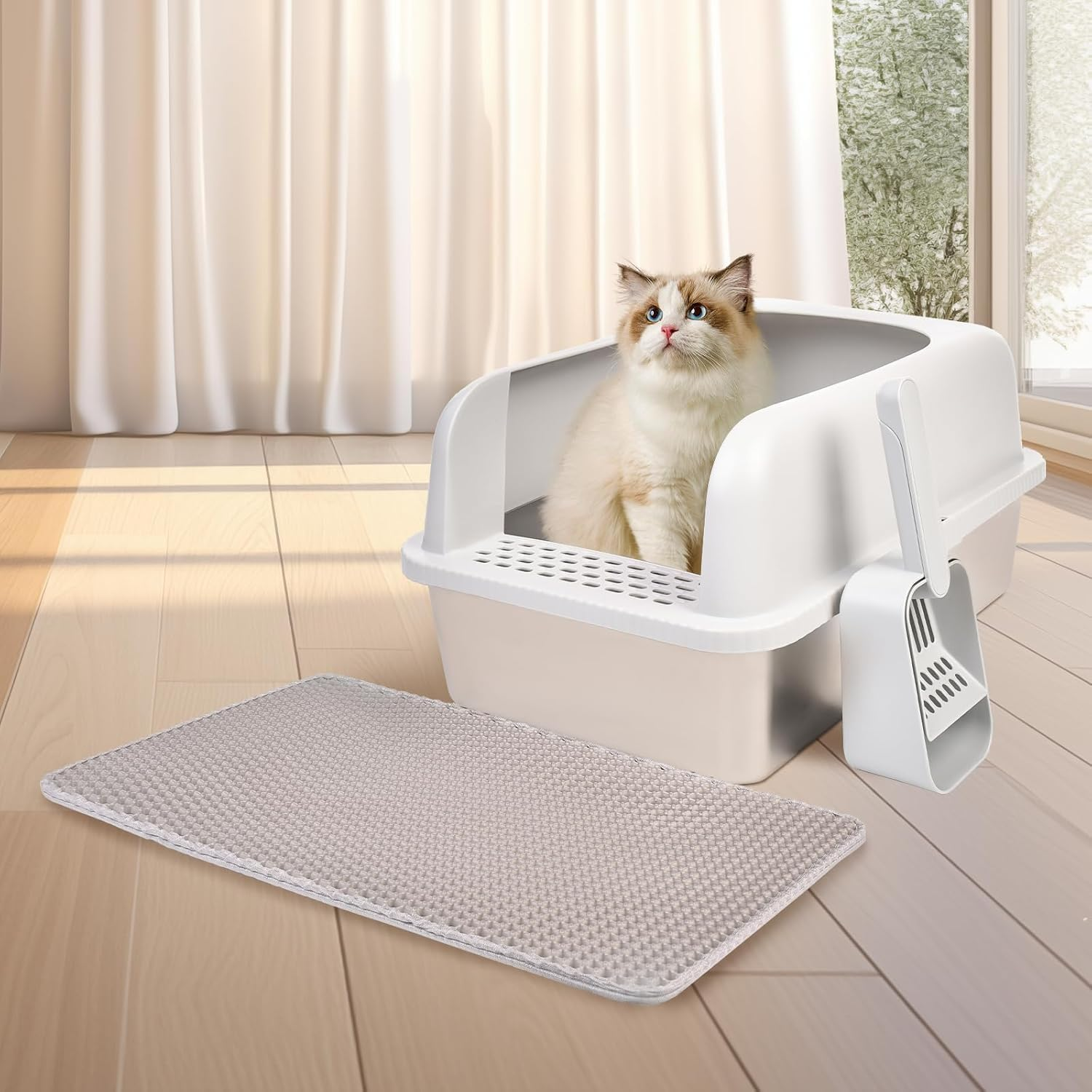 Stainless Steel Cat Litter Box with Lid, 51Cm L X 36Cm W X 30Cm H, Extra Large Litter Box for Big Cats with High Sided, Anti-Urine Leakage, Easy Cleaning, Include Cat Mat and Scoop(Light Grey) image number 1