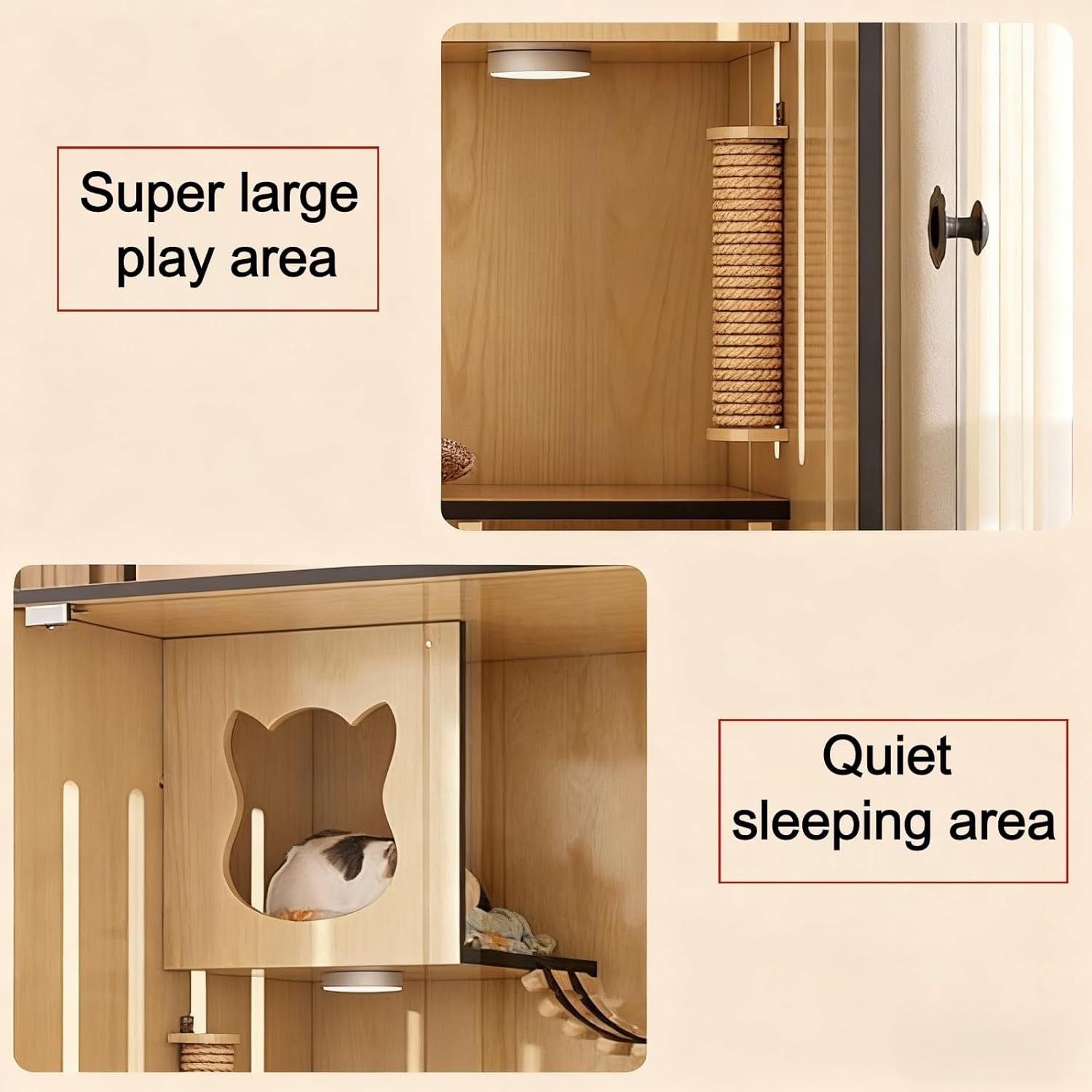 XXYSPT Wooden Cat Cage Indoor Cat House &ndash; 3-Level Condo for 1&ndash;3 Pets with Guardrail, Clear Door, Scratching Post & Ladder &ndash; Walnut Finish (90X60X120Cm)