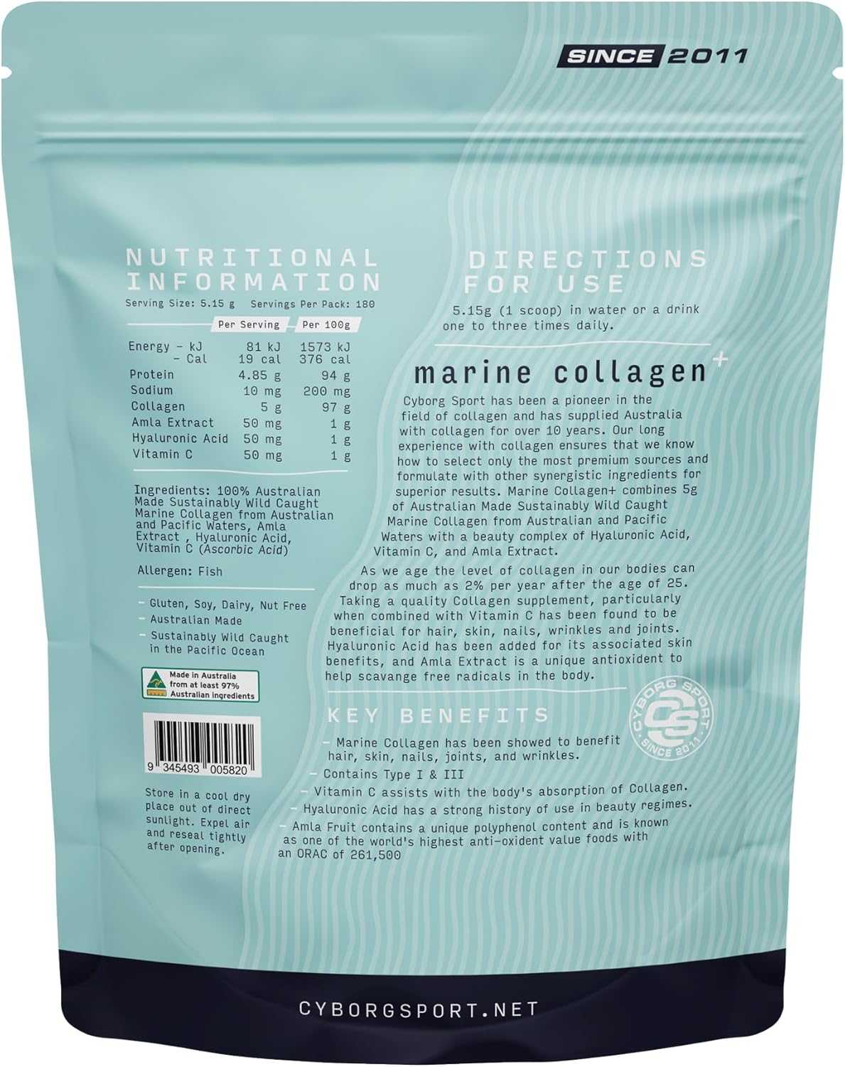 MARINE COLLAGEN plus Hyaluronic Acid Powder 465G - 90 Servings - Pure Australian Ocean Collagen - Wild Caught - Beauty - Hair - Skin - Nails - Joint Supplement with Hyaluronic Acid - Vitamin C - Amla Extract