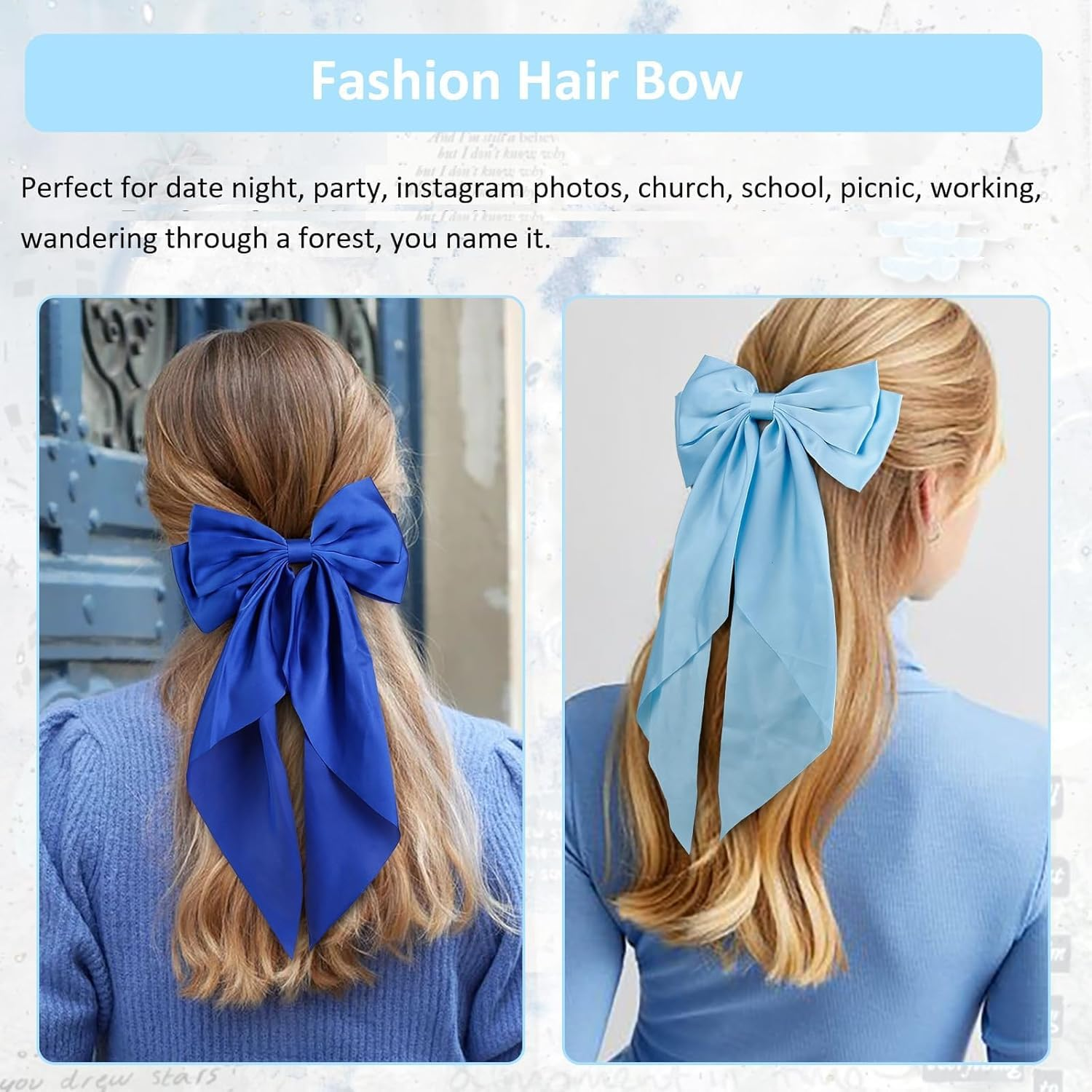 Hair Bows for Women Clips Big Hair Bow Ribbon, Long Silky Satin Ribbon Bows for Oversized,Light Blue Large Hairbow Barrettes Coquette Hair Accessories for Women Girls Aesthetic - Blue image number 7