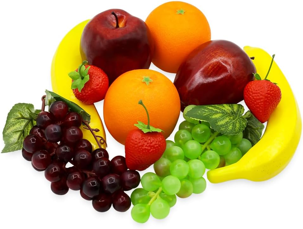 11 Pcs Fake Fruit Artificial Plastic Foam Fruits Faux Simulation Fake Apples Bananas Oranges Strawberries Grapes for Home Kitchen Holiday Party Photography Props Lifelike Decorate