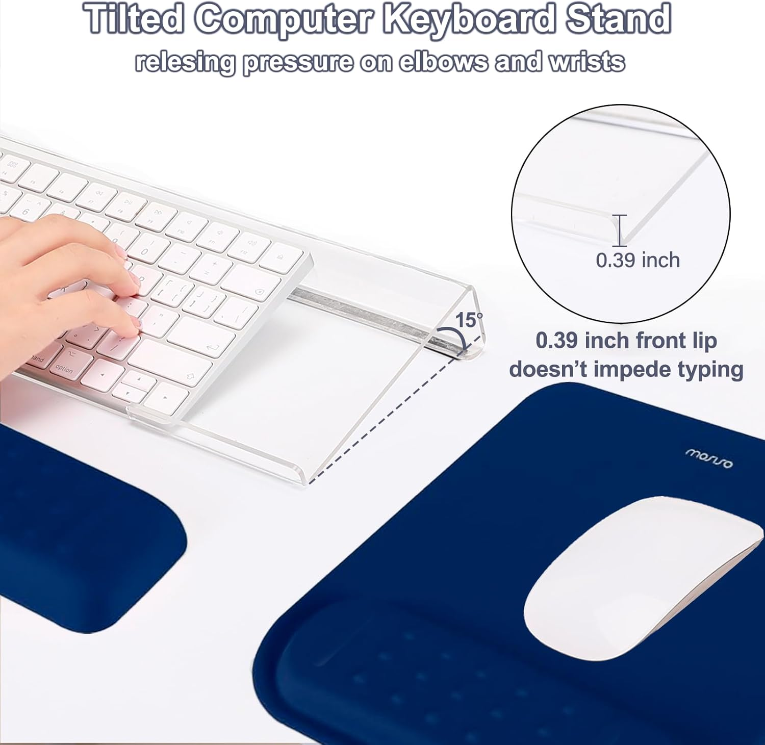 MOSISO Computer Keyboard Stand & Mouse Pad with Wrist Rest, Ergonomic Massage Wrist Rest Set, Easy Typing Working Acrylic Clear Keyboard Stand for Office Home, Navy Blue image number 1