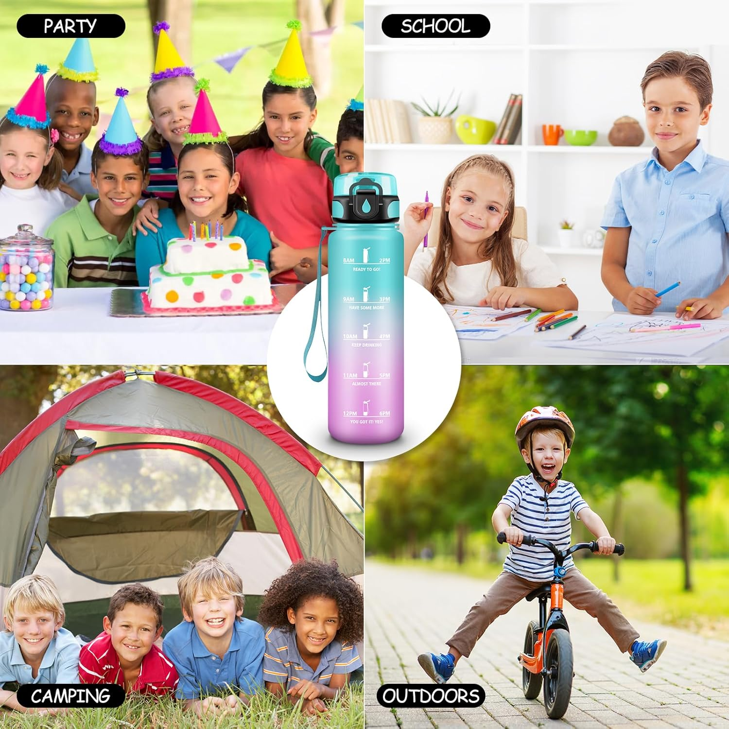 Children'S Water Bottle with Filter, Sports Water Bottle 500 Ml with Motivational Slogan, Leak-Proof Drinking Bottle, Can Be Carried, for School, Yoga, Outdoor, Hiking, Running, Green/Pink image number 5