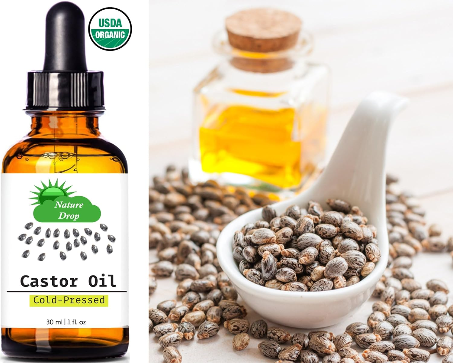 Nature Drop'S Organic Castor Oil - 100 USDA Certified Pure Cold Pressed Hexane Free - Best Oil Growth for Eyelashes, Hair, Eyebrows, Face and Skin, Triple Filtered, Great for Acne, image number 3