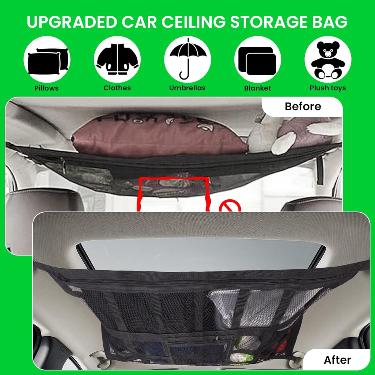 Car Ceiling Cargo Net Pocket, 78 * 53Cm, Adjustable Double-Layer Mesh SUV Roof Organizer, NO Sagging Roof Cargo Net Organizer for SUV, Van Life Accessories image number 5