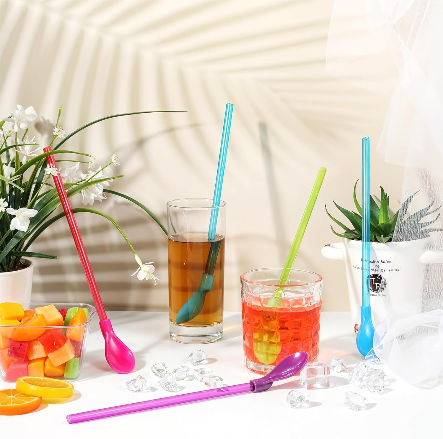 20 Pack Straws Spoons, Reusable Drinking Straw Spoons for Slush, 2-In-1 Straws with Spoon, Long Straw Spoon with Straw Brush for Coffee, Slush, Cocktail (20 Pieces) image number 1