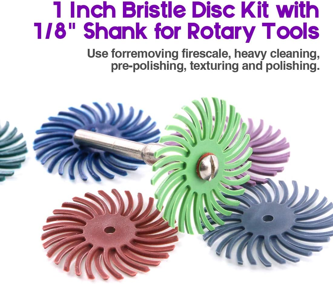 Swpeet 66Pcs 2.5Cm 6 Mixed Grit 80/120/220/400/600/1000 Radial Bristle Disc Abrasive Brush Gap Polishing Pad Buffing Wheel Assortment Kit with 0.3Cm Shank for Rotary Tools Cleaning Finishing Deburring image number 3