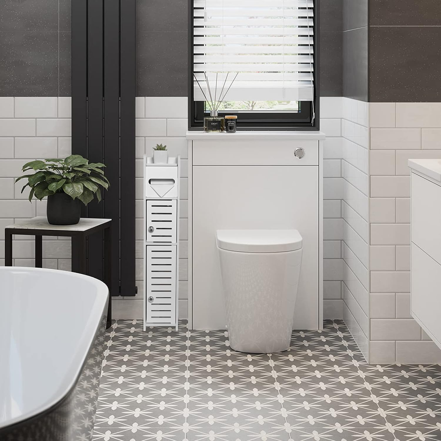 Askan Storage Cabinet for Small Spaces, over the Toilet Cabinet for Skinny Bathroom Storage Corner Floor, Slim Paper Cabinet with 2 Doors & Shelves (White) image number 2