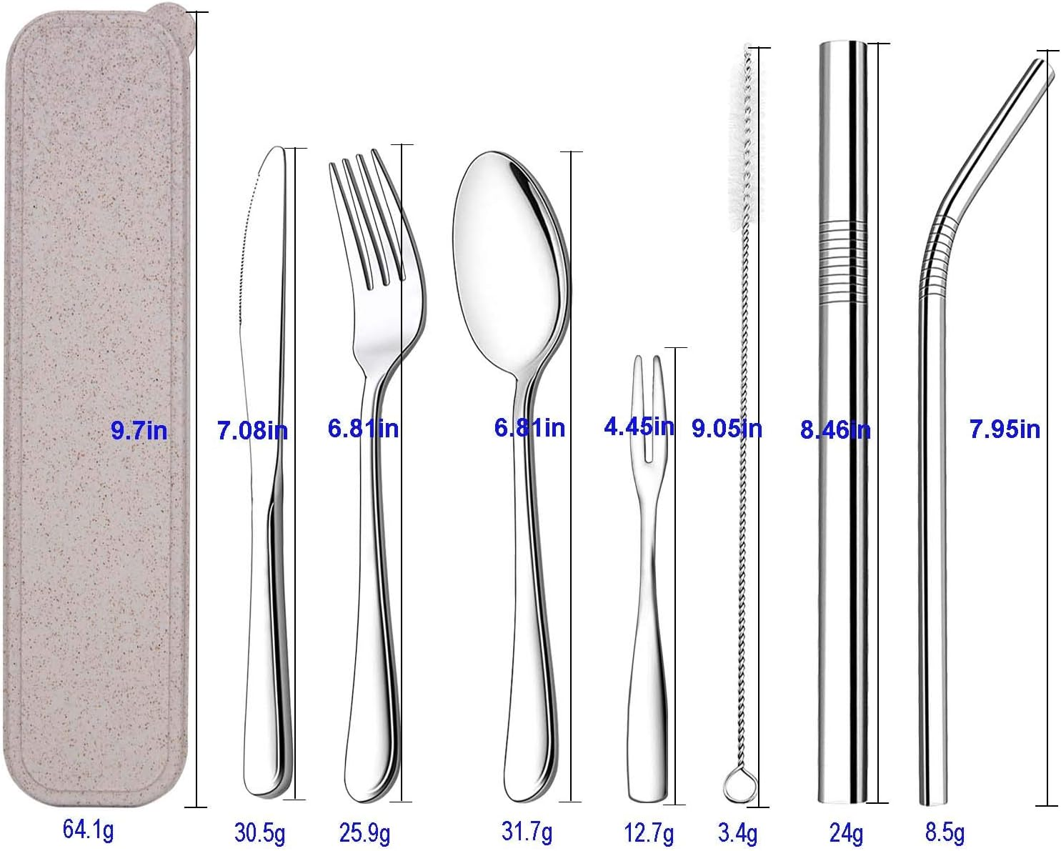 Hisredsun Portable and Reusable Stainless Steel Cutlery Set, 9-Piece Portable Flatware Set for Office, School, Camping and Travel. Including Knife/Fork/Spoon/Cleaning Brush/2 Straws/Fruit Fork/Wheat Straw Case/Mesh Bag image number 2