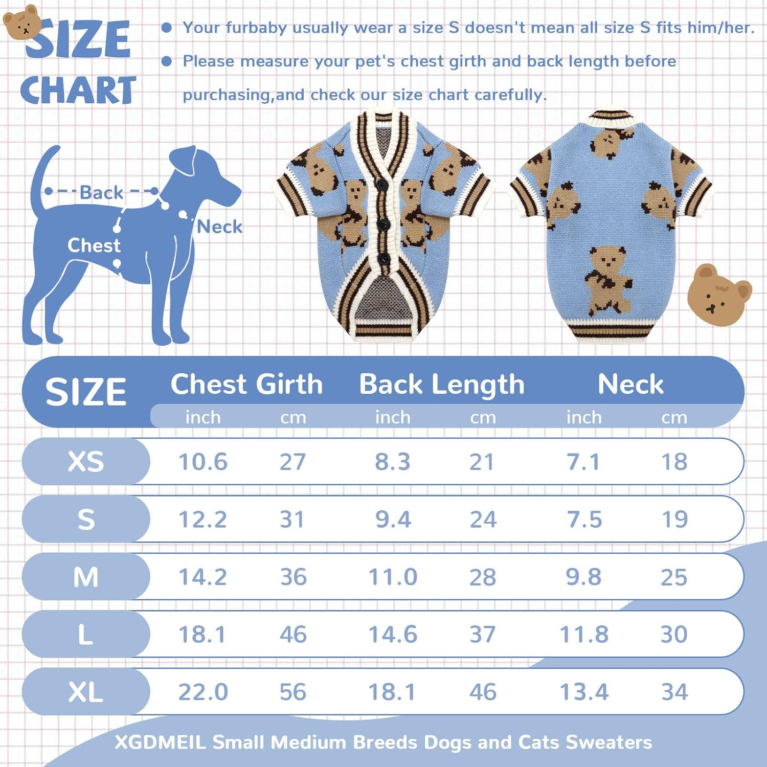 Small Dog Sweaters Cute Bear Knitted Dog Cardigans Clothes for Small Medium Dogs Soft Pet Puppy Cat Knitting Outfits Fall Winter Warm Boy Girl Dogs Knitwear Coat Apparel（Blue,X-Small） image number 2