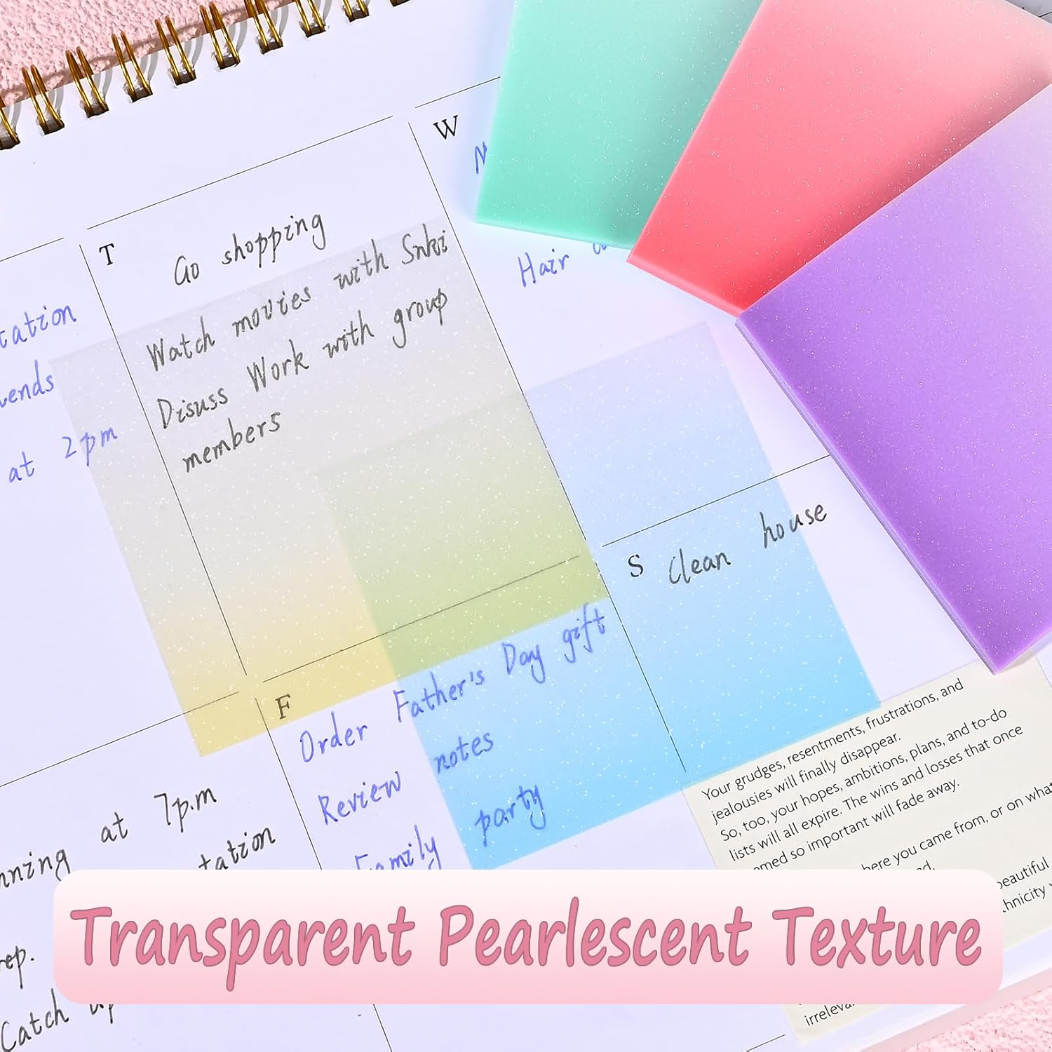 BAYTORY 250 Sheets Glitter Transparent Sticky Notes, 3 X 3 Clear Memo Pads, Waterproof Self-Stick Note, See through Aesthetic Self-Adhesive Note for Bible Accessories (Gradient Color) - White image number 3