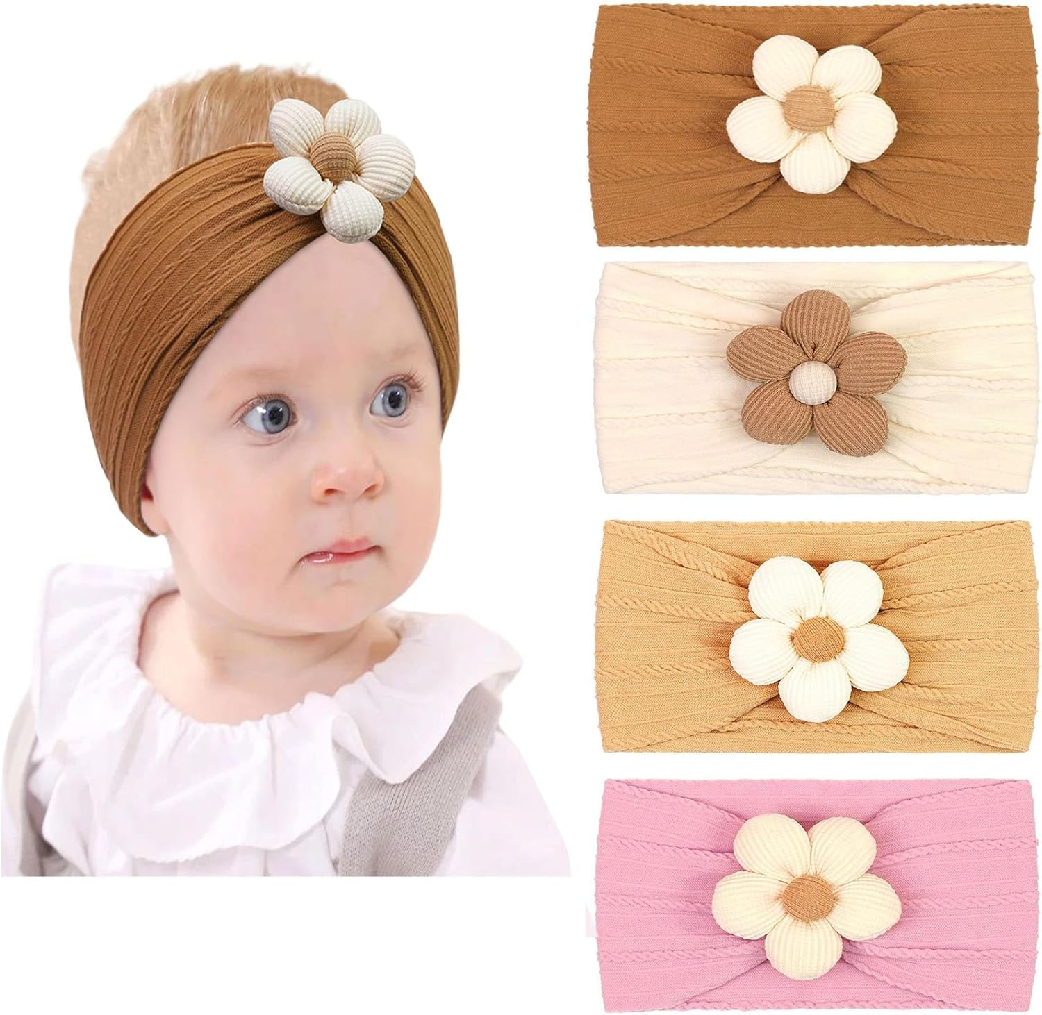 4 Pcs Baby Girls Flower Headbands, Nylon Soft Stretchy Hair Accessories for Newborn Infant Toddler Kids, Handmade Hairbands Baby Essentials image number 5