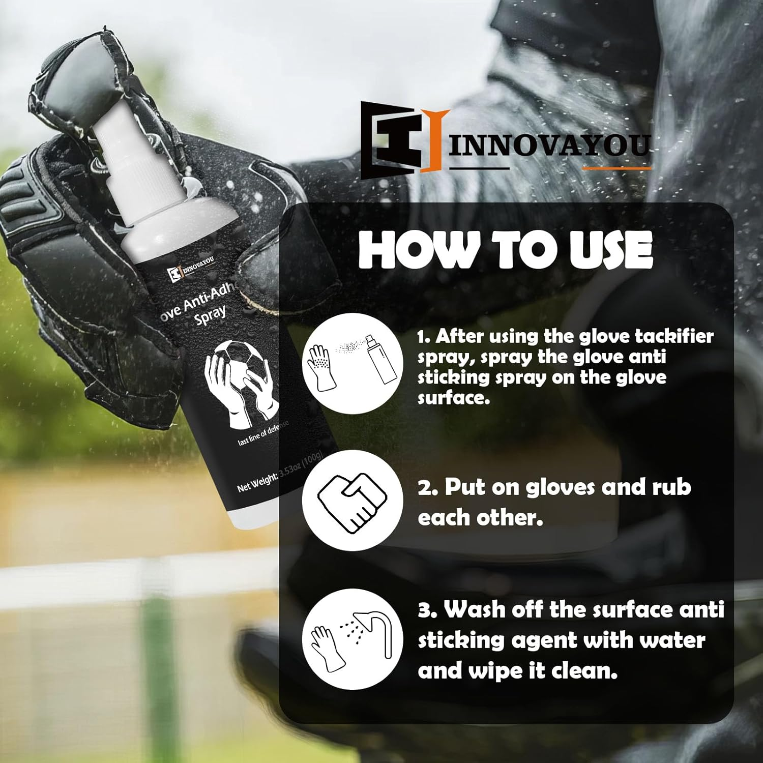 INNOVAYOU Glove Tackifier Spray Set, Glove Tackifier Spray 200Ml and Glove Anti-Adhesive Spray 100Ml, Increased Holding Power and Stickiness, Grip Training for Beginner Goal Keeper image number 2