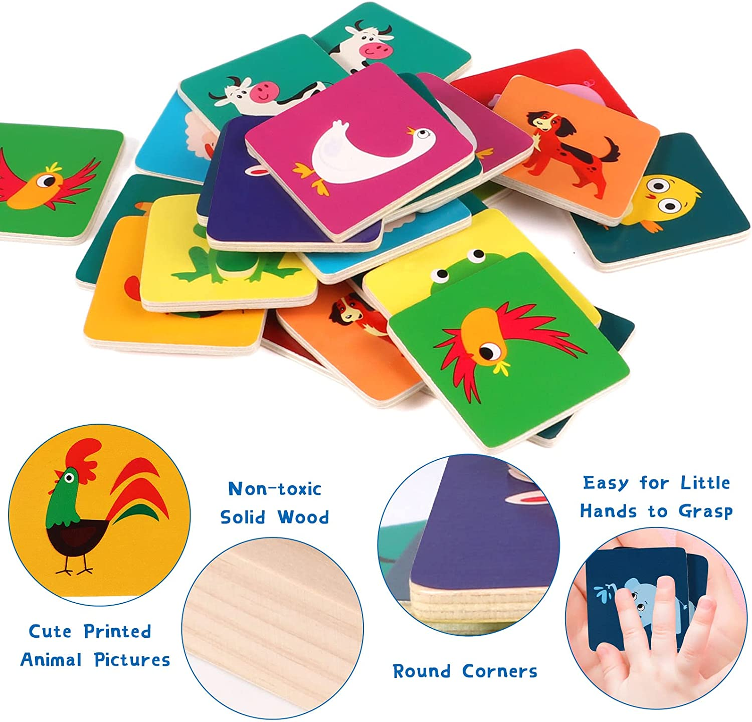 Atoylink Matching Memory Game for Kids 3 and up - 30Pcs Cute Animal Wooden Memory Card Matching Games for Toddler Boys and Girls