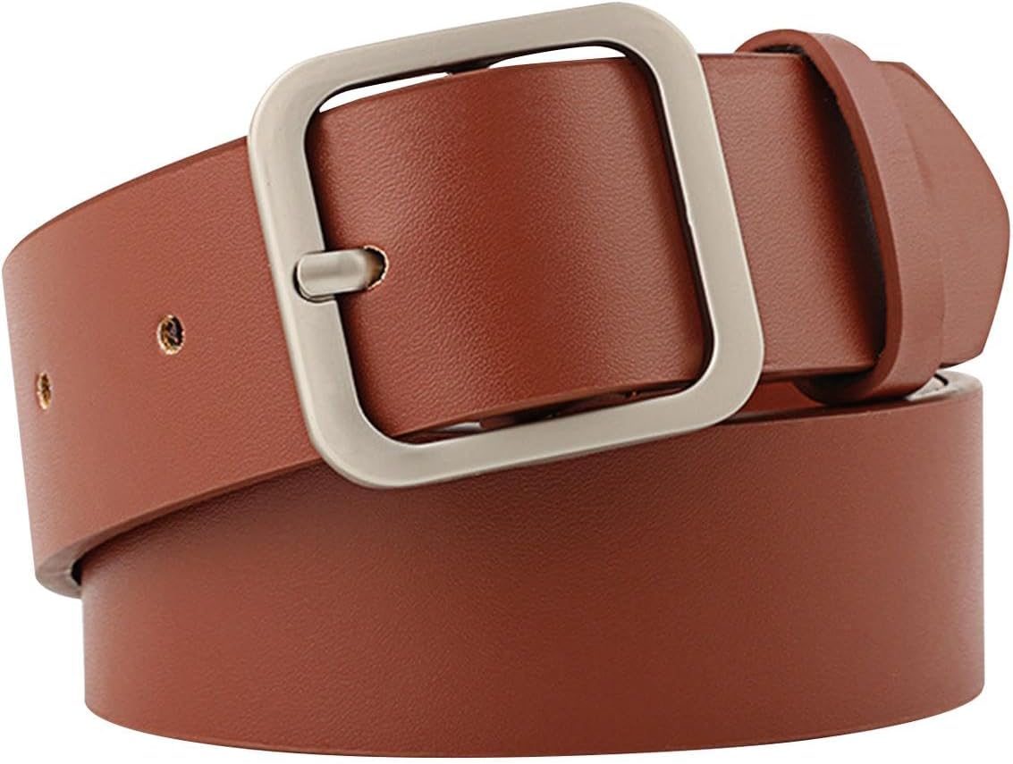 Vseutiac PU Leather Belt Women Single Prong Square Buckle 1.3" Fashion Wide Decorative Belt Female Waist Belt For