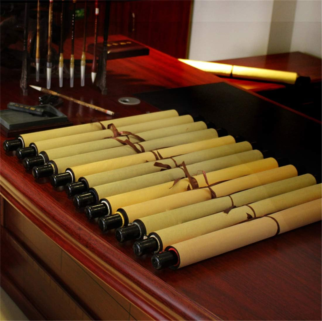 Zzooi Chinese Lucky Fengshui Painting Waterfall Golden Carps Wall Art Hanging Silk Painting Scroll,Feng Shui Decor - Golden image number 5