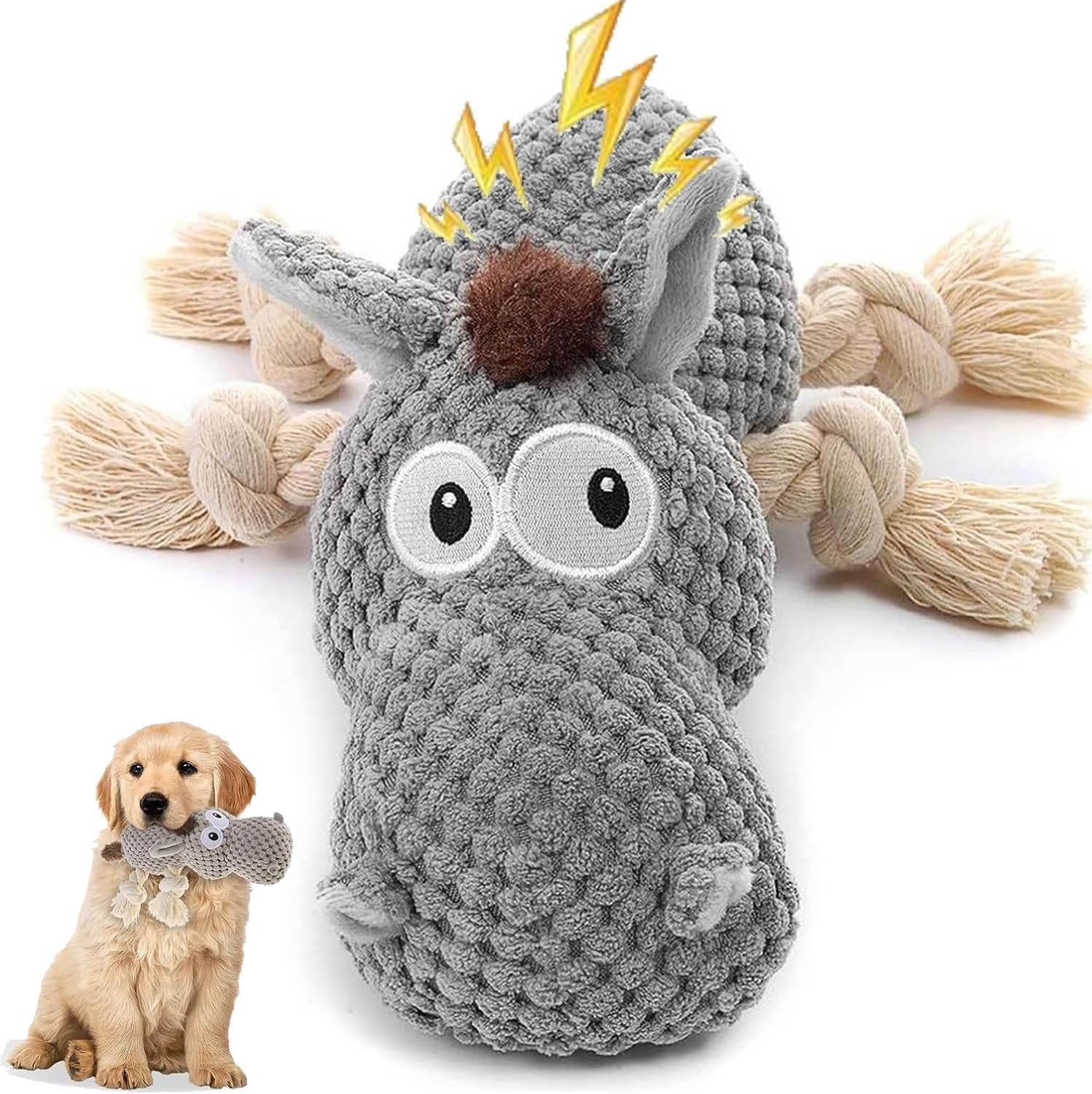 JIZZU Dog Squeaky Toy, Dog Plush Toy for Boredom for Middle, Large Dogs, Fun Squeaky Dog Toys with Crinkle Paper, Interactive Dog Toys/Squeaky Dog Toys/Dog Birthday Gifts (Cotton Rope Dog)