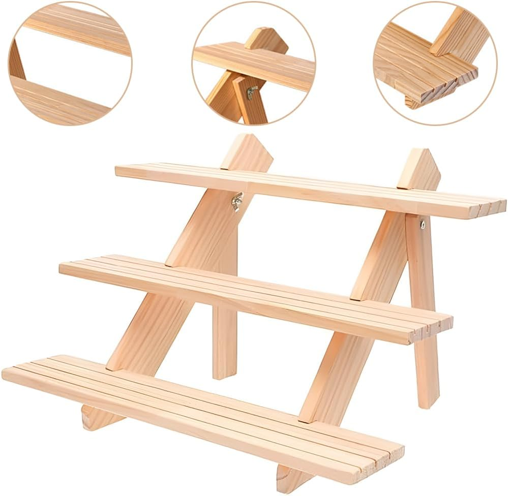 Retail Display Stand, Pine Multi-Layer Multi-Functional Flower Pot Display Attitude, Stable and Rustic Wooden Vertical Jewelry Storage Rack (3 Layers) for Home, Office, Retail, Art Display image number 3