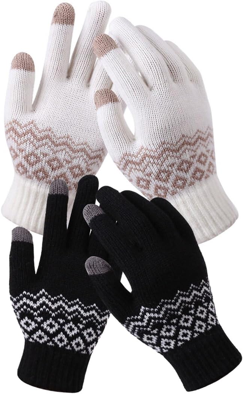 2 Pairs Winter Gloves with Touchscreen Fingers, Thermal Warm Knit Soft Fleece Lined Glove Women Men Elastic Cuff Glove for Running Driving Hiking