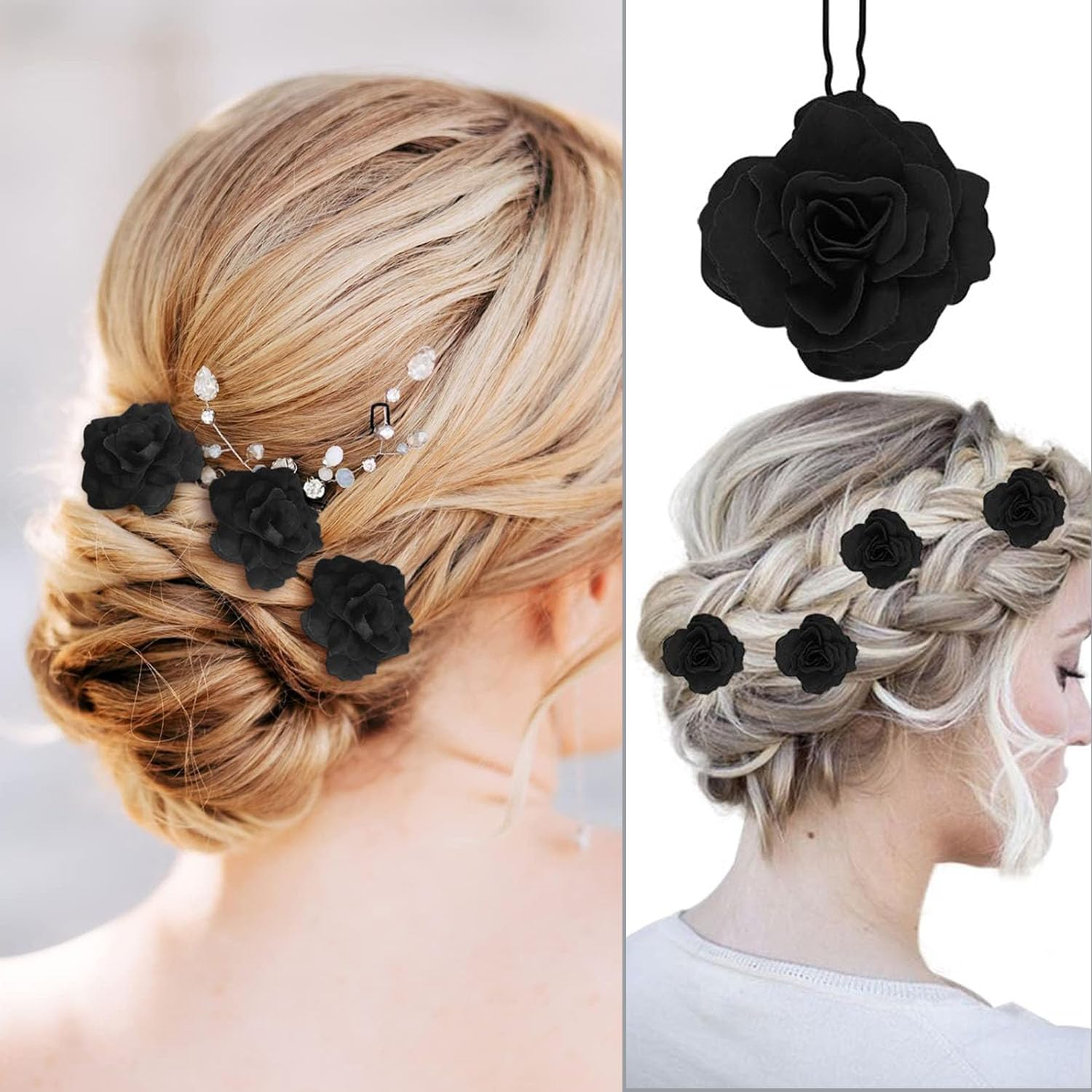 8 Pieces of Red Rose Flower Clips, Flower Hair Clips, Rose Hair Accessories, Wedding Rose Hair Clips, Handmade Rose Hair Clips, Suitable for Parties, Weddings, Dances (Burgundy + Black) image number 6